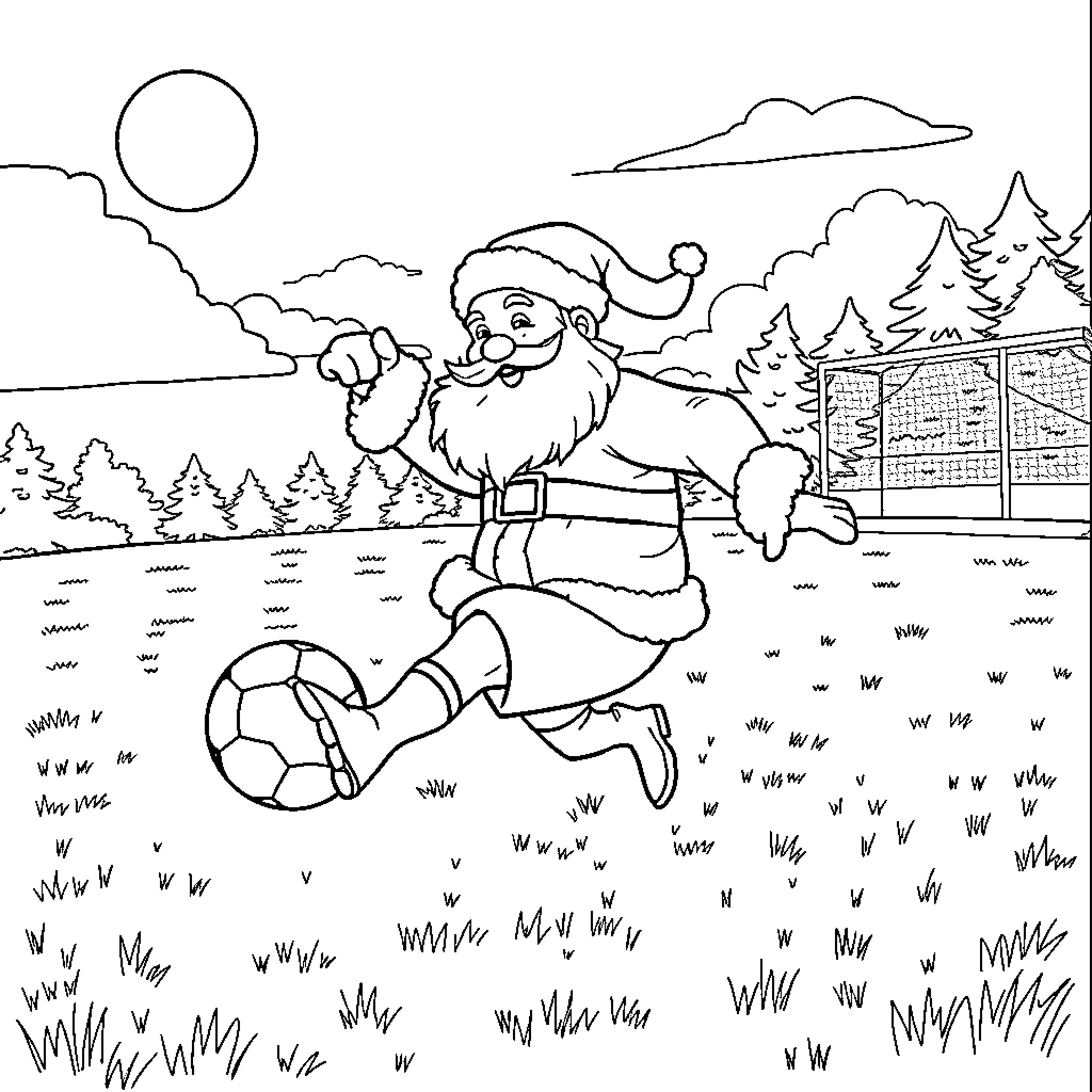 Santa enjoying a fun game of soccer in winter wonderland Coloring Page (free black-and-white line drawing printable PDF for all, from beginners to advanced learners, including children, teens, adults, and seniors)
