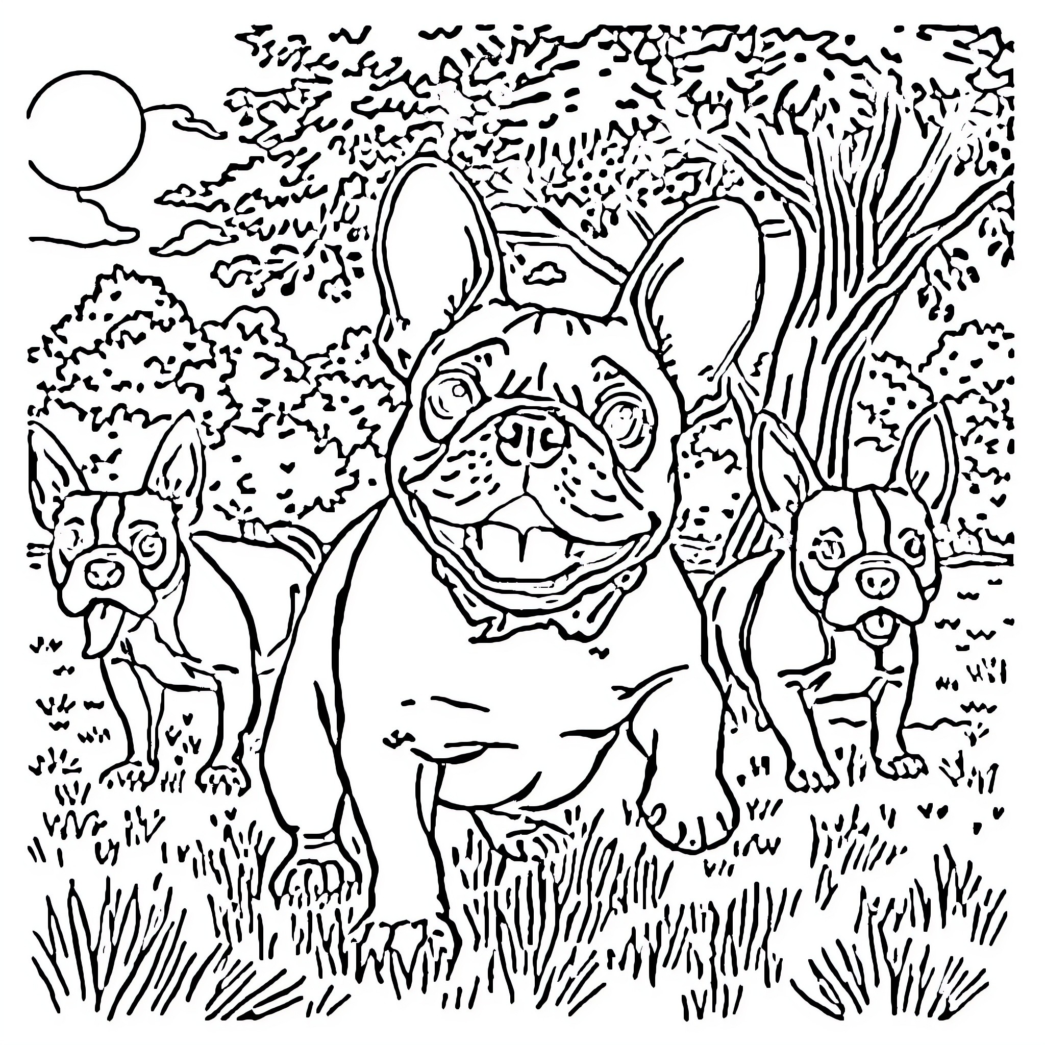 Frenchie friends enjoying nature's beauty Coloring Page (free black-and-white line drawing printable PDF for all, from beginners to advanced learners, including children, teens, adults, and seniors)