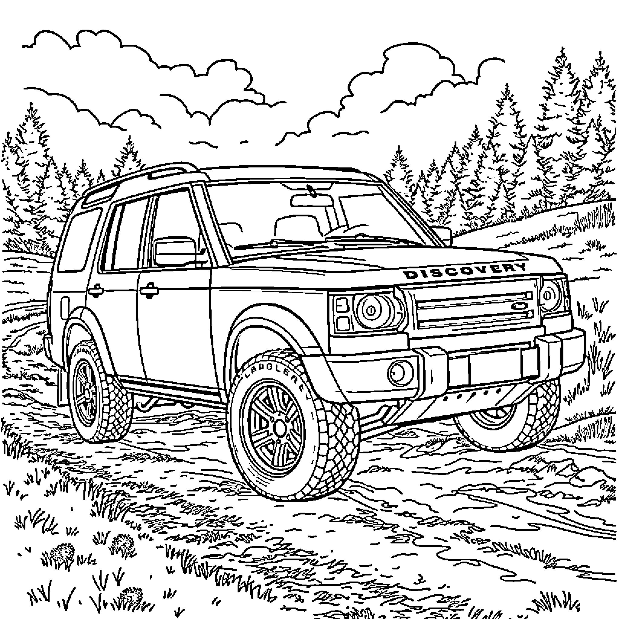 Land Rover Exploring the Rugged Wilderness Coloring Page (free black-and-white line drawing printable PDF for all, from beginners to advanced learners, including children, teens, adults, and seniors)