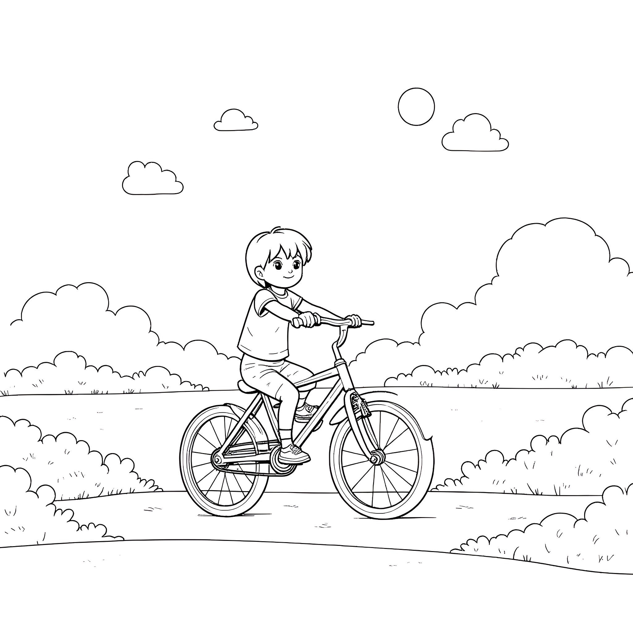 Child riding bicycle on sunny day Coloring Page (free black-and-white line drawing printable PDF for all, from beginners to advanced learners, including children, teens, adults, and seniors)
