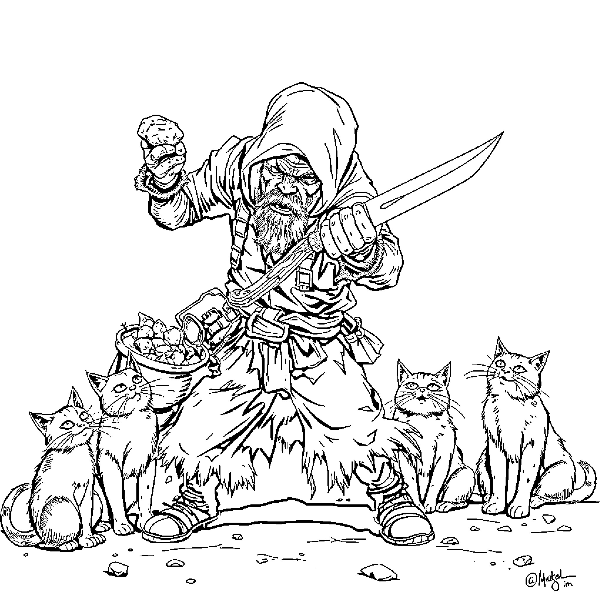 Hobo vagrant encounters feral cats while scavenging Coloring Page (free black-and-white line drawing printable PDF for all, from beginners to advanced learners, including children, teens, adults, and seniors)