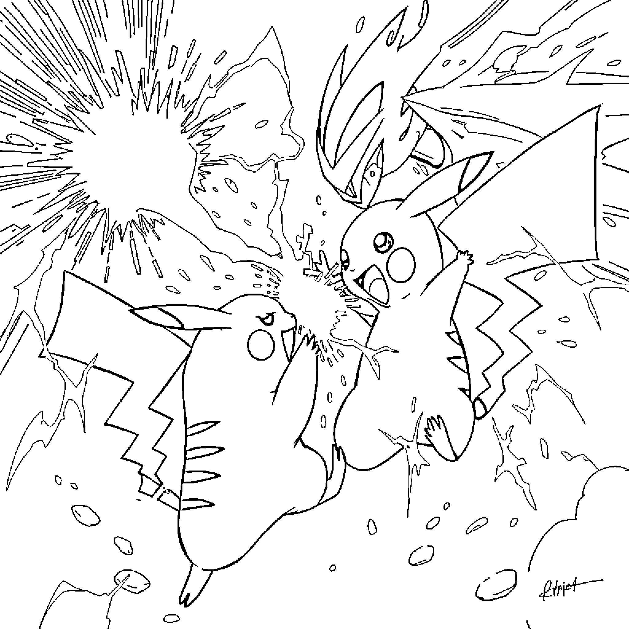 Pikachu in a dynamic, chaotic scene Coloring Page (free black-and-white line drawing printable PDF for all, from beginners to advanced learners, including children, teens, adults, and seniors)