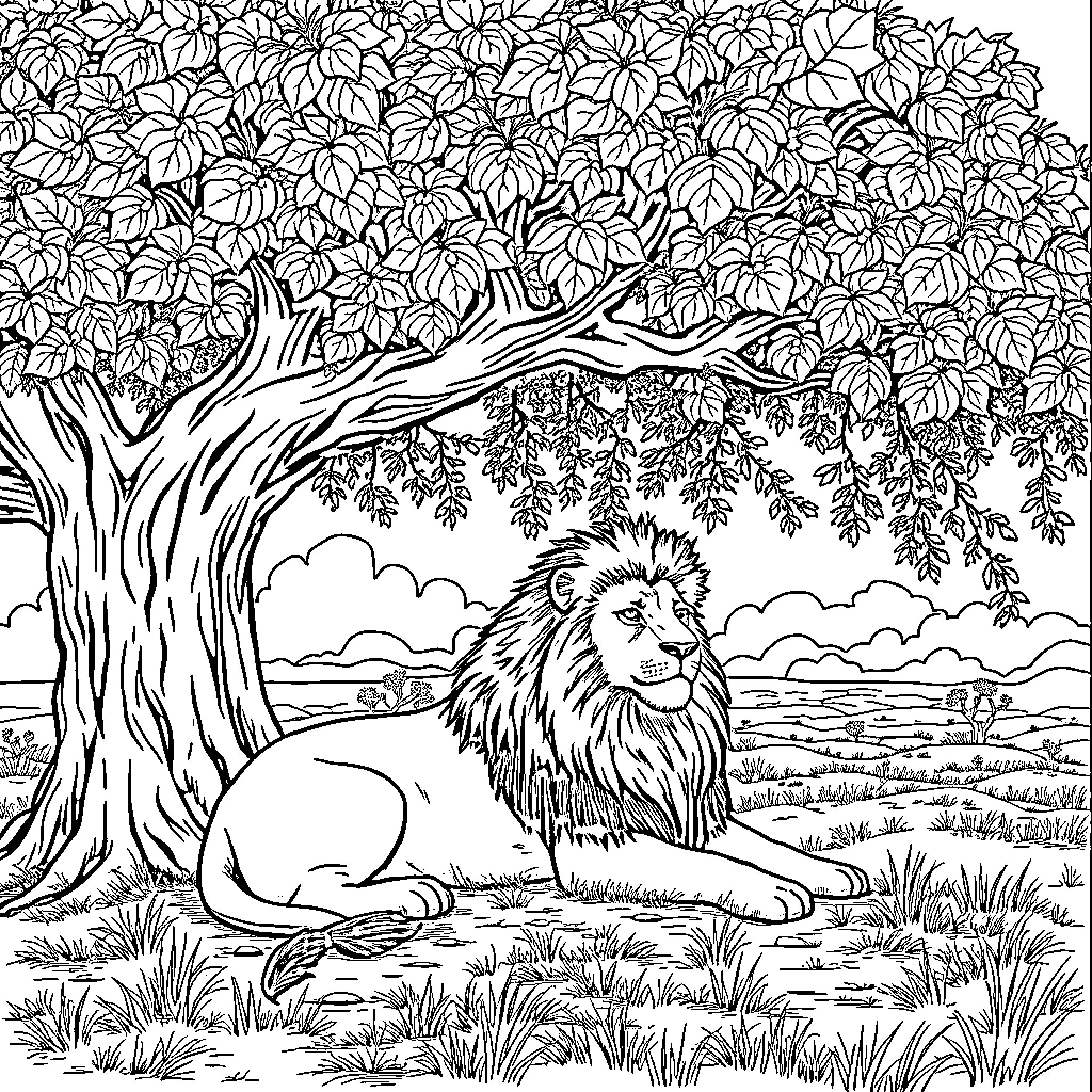 Lion resting peacefully in the lush forest Coloring Page (free black-and-white line drawing printable PDF for all, from beginners to advanced learners, including children, teens, adults, and seniors)