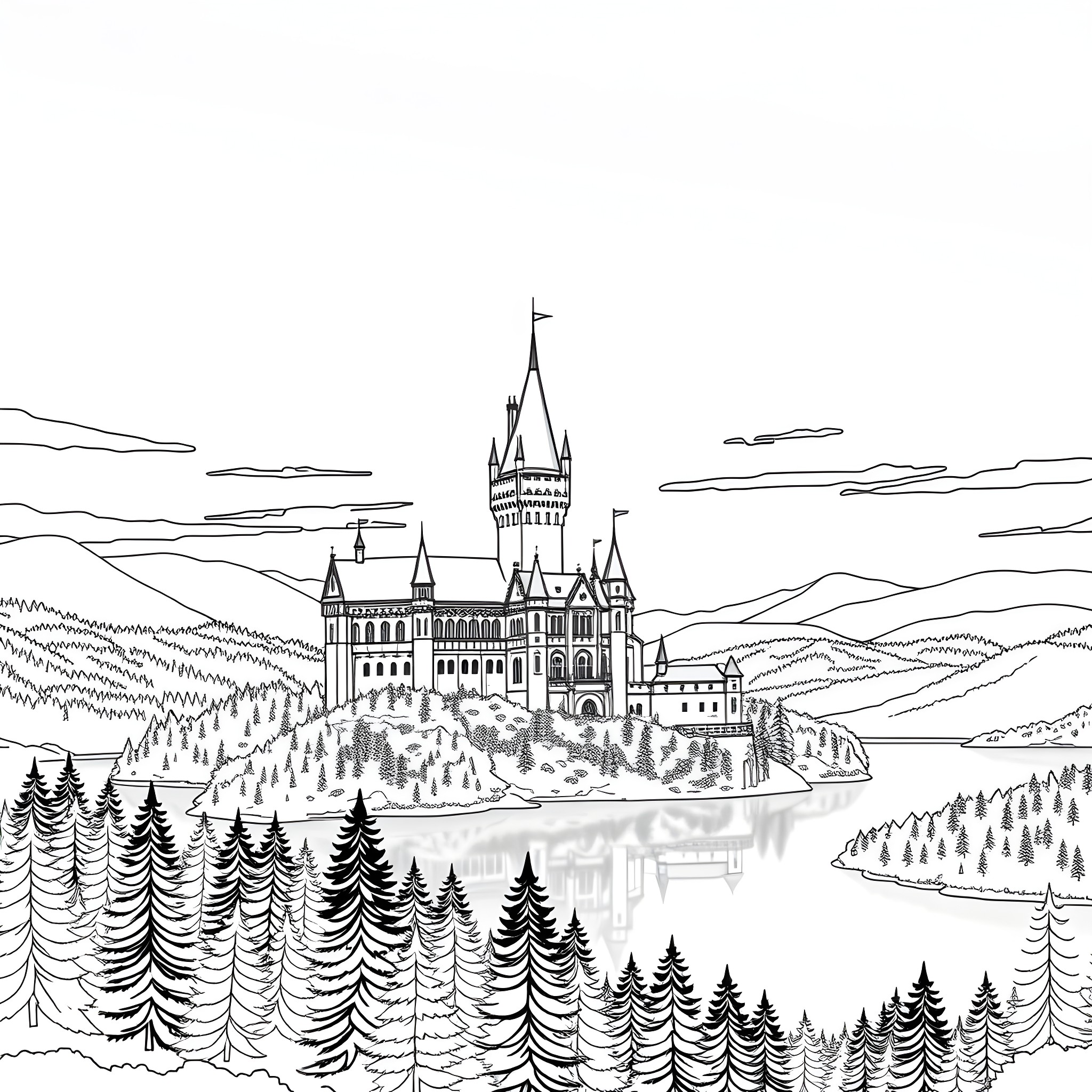 Hogwarts Castle in a Majestic Landscape Coloring Page (free black-and-white line drawing printable PDF for all, from beginners to advanced learners, including children, teens, adults, and seniors)