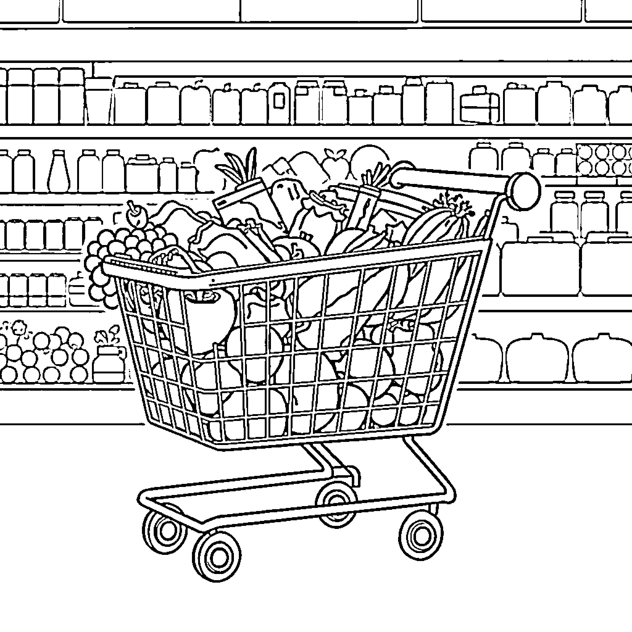 Shopping Cart Filled with Groceries in Store Coloring Page (free black-and-white line drawing printable PDF for all, from beginners to advanced learners, including children, teens, adults, and seniors)