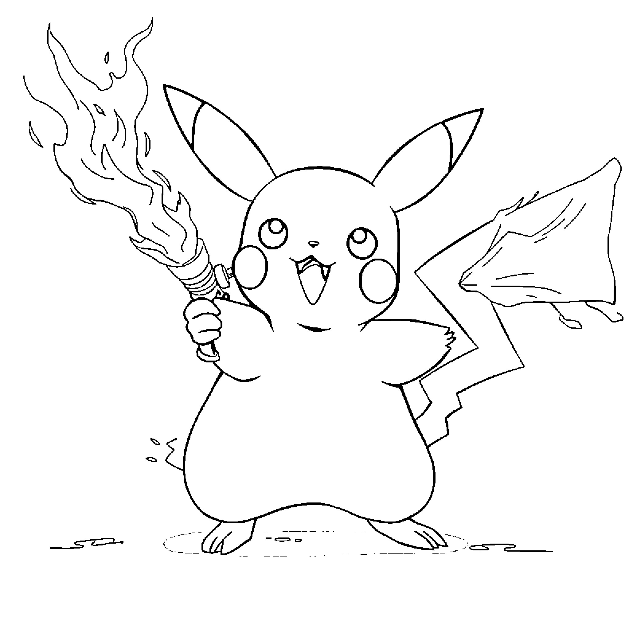 Pikachu wielding a flaming torch Coloring Page (free black-and-white line drawing printable PDF for all, from beginners to advanced learners, including children, teens, adults, and seniors)