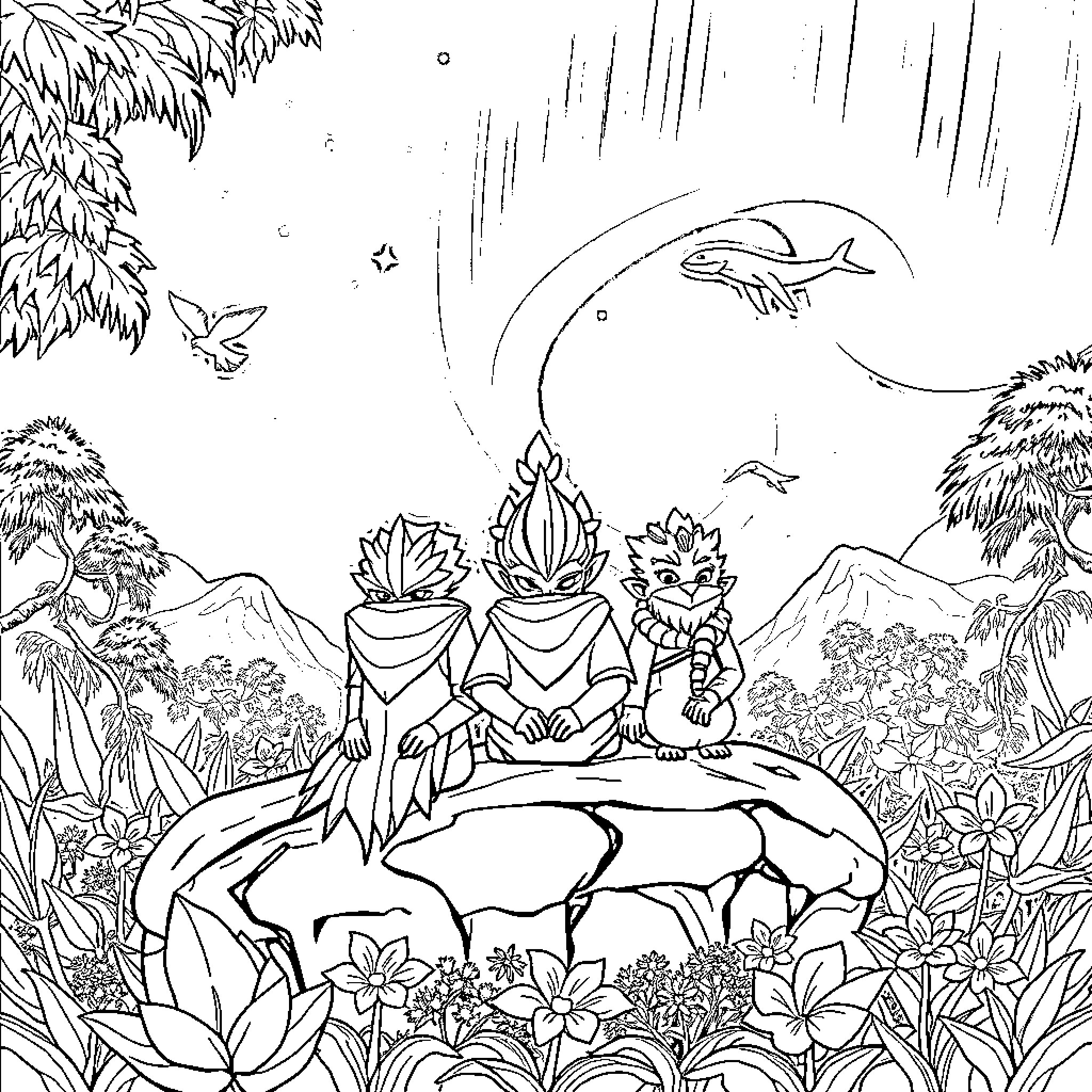 Character Meditating in Mystical Nature Scene Coloring Page (free black-and-white line drawing printable PDF for all, from beginners to advanced learners, including children, teens, adults, and seniors)