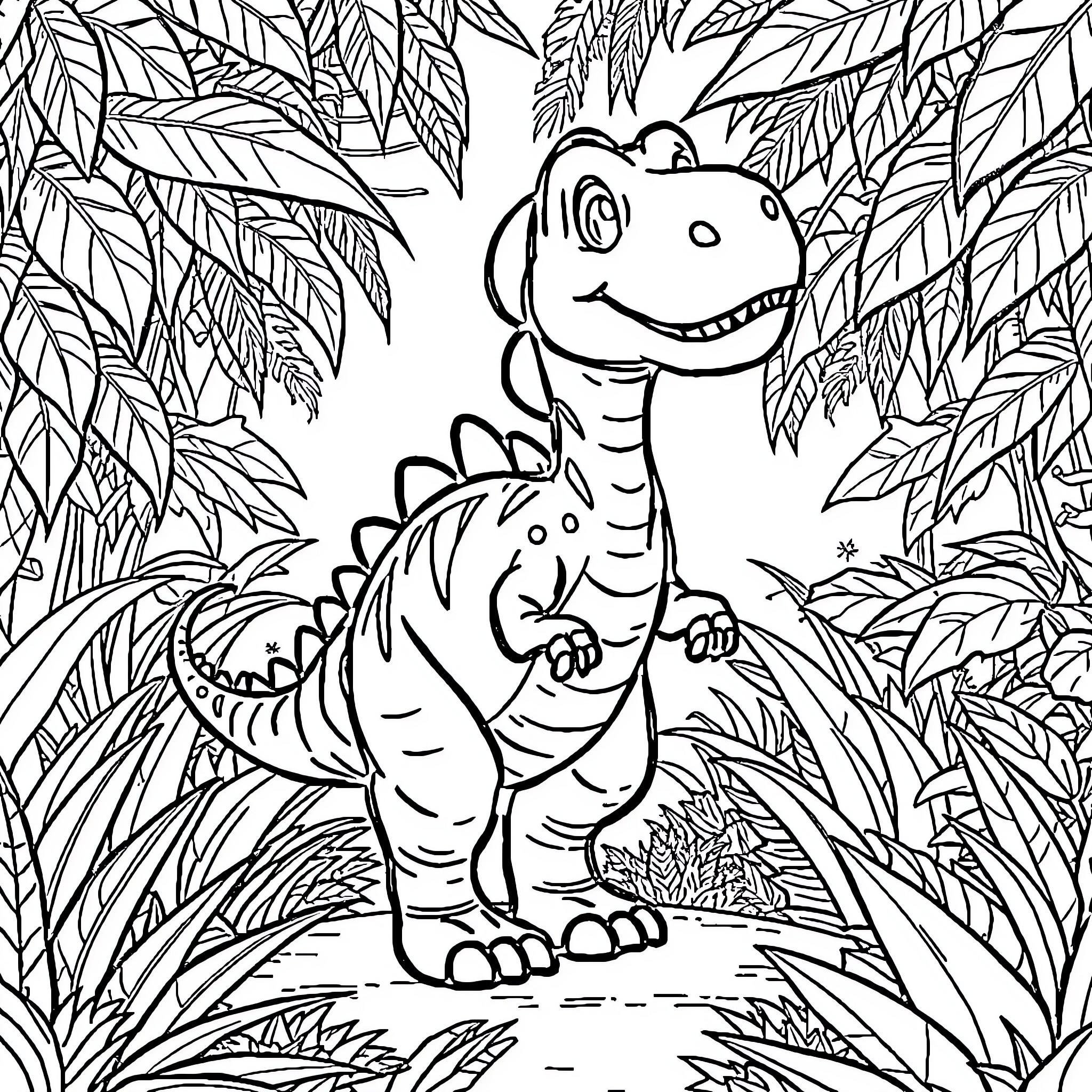 Dino exploring the lush forest Coloring Page (free black-and-white line drawing printable PDF for all, from beginners to advanced learners, including children, teens, adults, and seniors)