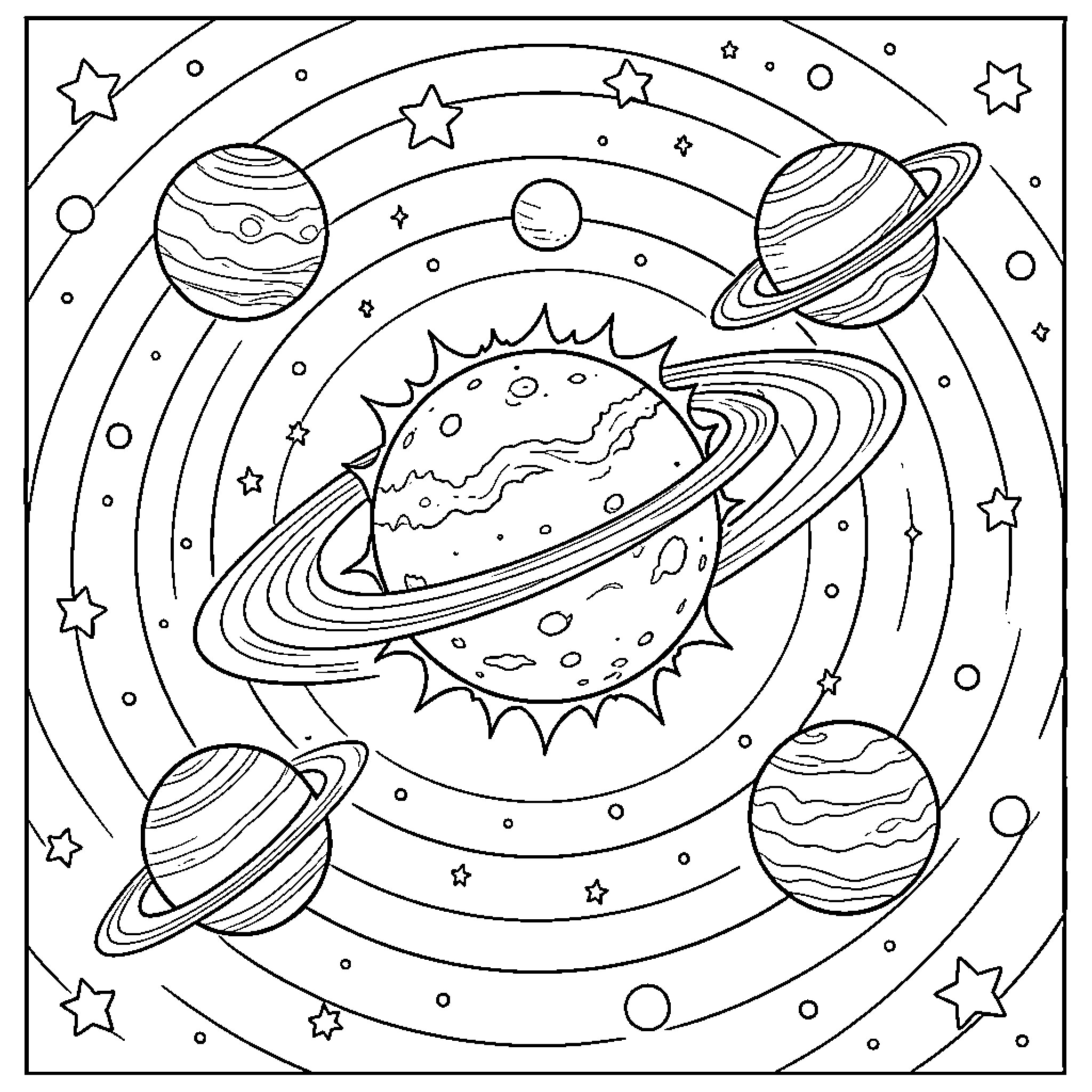 Planet Exploration in the Cosmic Realm Coloring Page (free black-and-white line drawing printable PDF for all, from beginners to advanced learners, including children, teens, adults, and seniors)