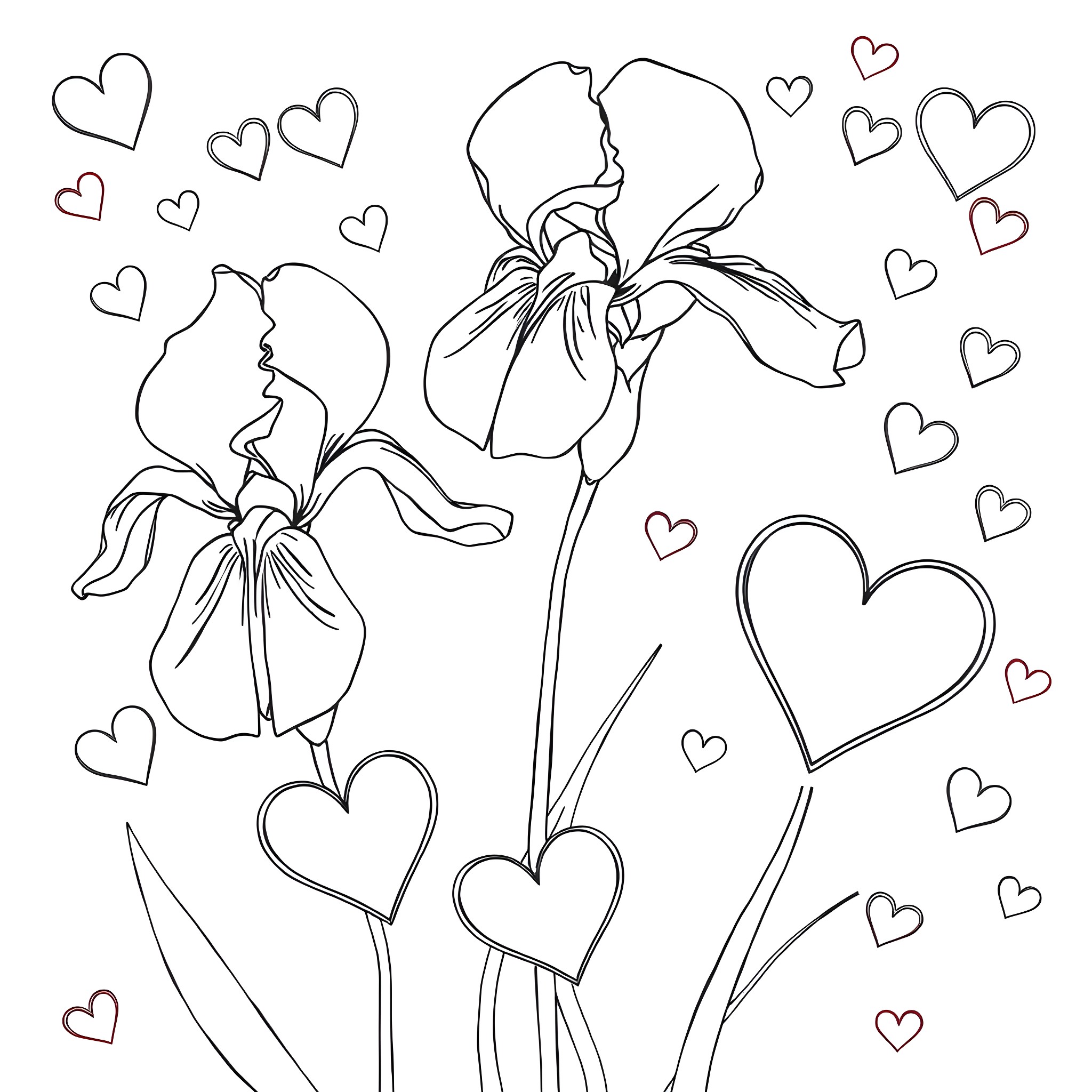 Iris flowers with hearts in a romantic scene Coloring Page (free black-and-white line drawing printable PDF for all, from beginners to advanced learners, including children, teens, adults, and seniors)