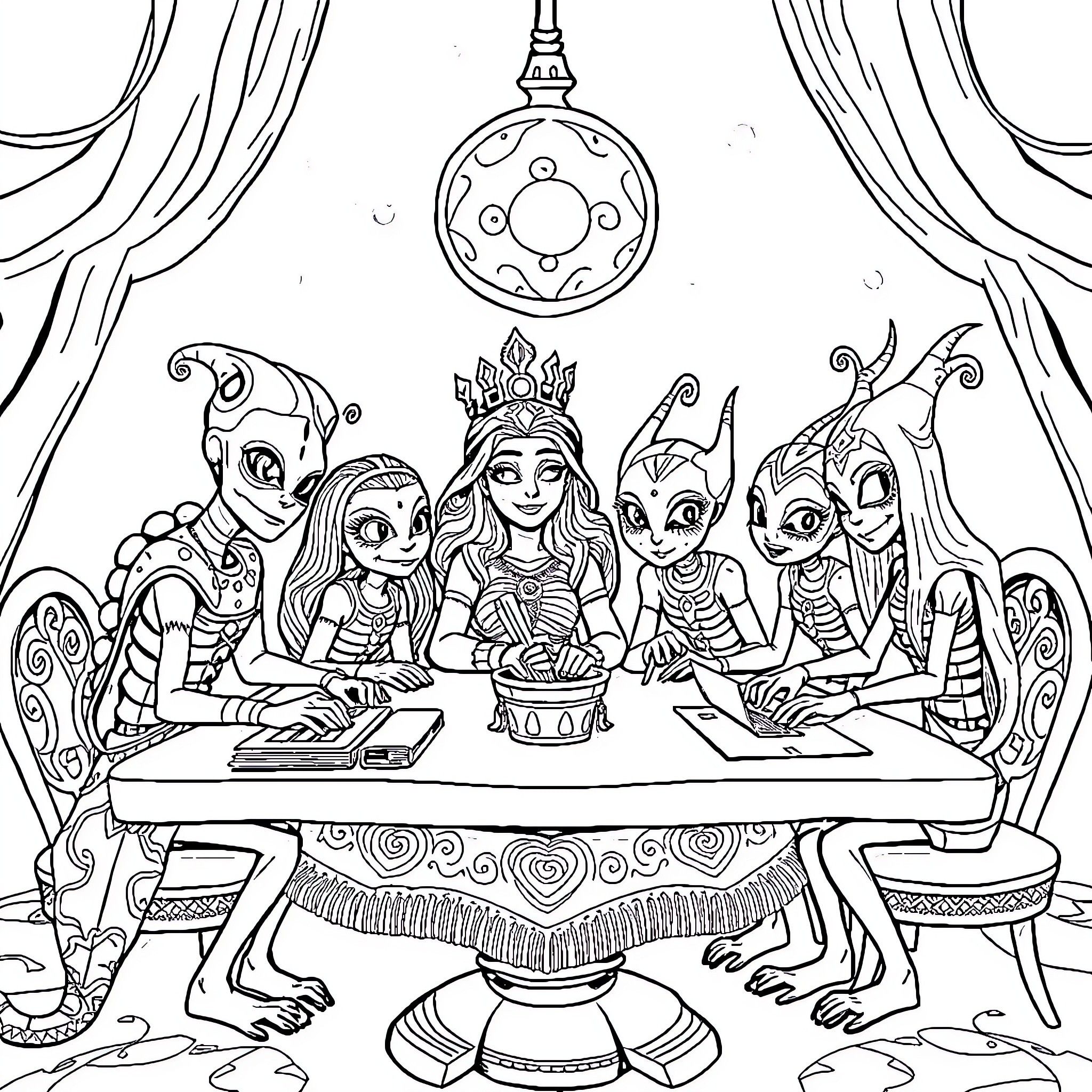 Cinderella's Fantastic Feast with Enchanting Companions Coloring Page (free black-and-white line drawing printable PDF for all, from beginners to advanced learners, including children, teens, adults, and seniors)