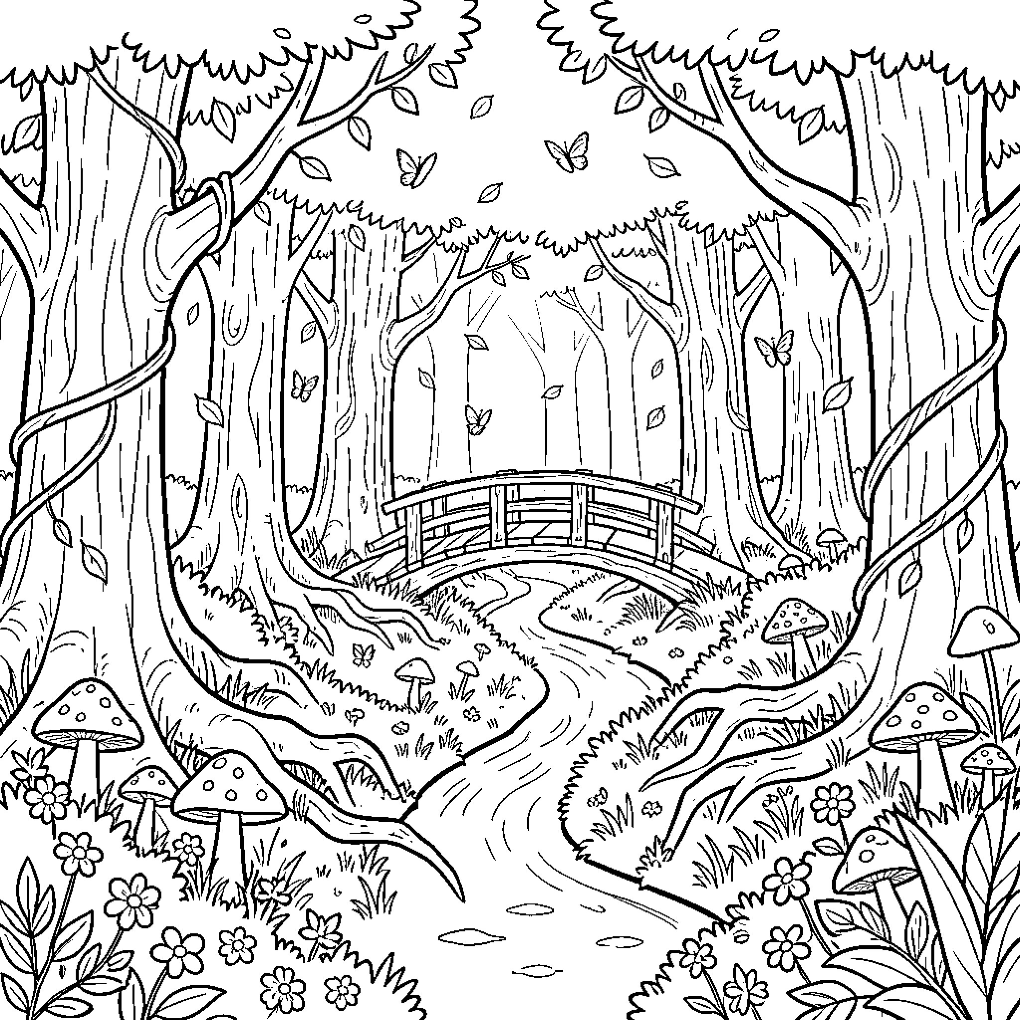 Forest Scene with Enchanted Bridge and Nature Coloring Page (free black-and-white line drawing printable PDF for all, from beginners to advanced learners, including children, teens, adults, and seniors)