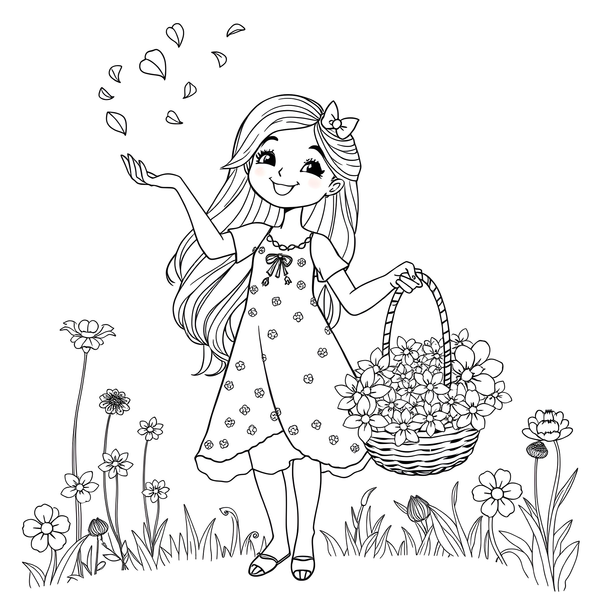 Flower Girl Happily Carrying a Floral Basket in the Garden Coloring Page (free black-and-white line drawing printable PDF for all, from beginners to advanced learners, including children, teens, adults, and seniors)