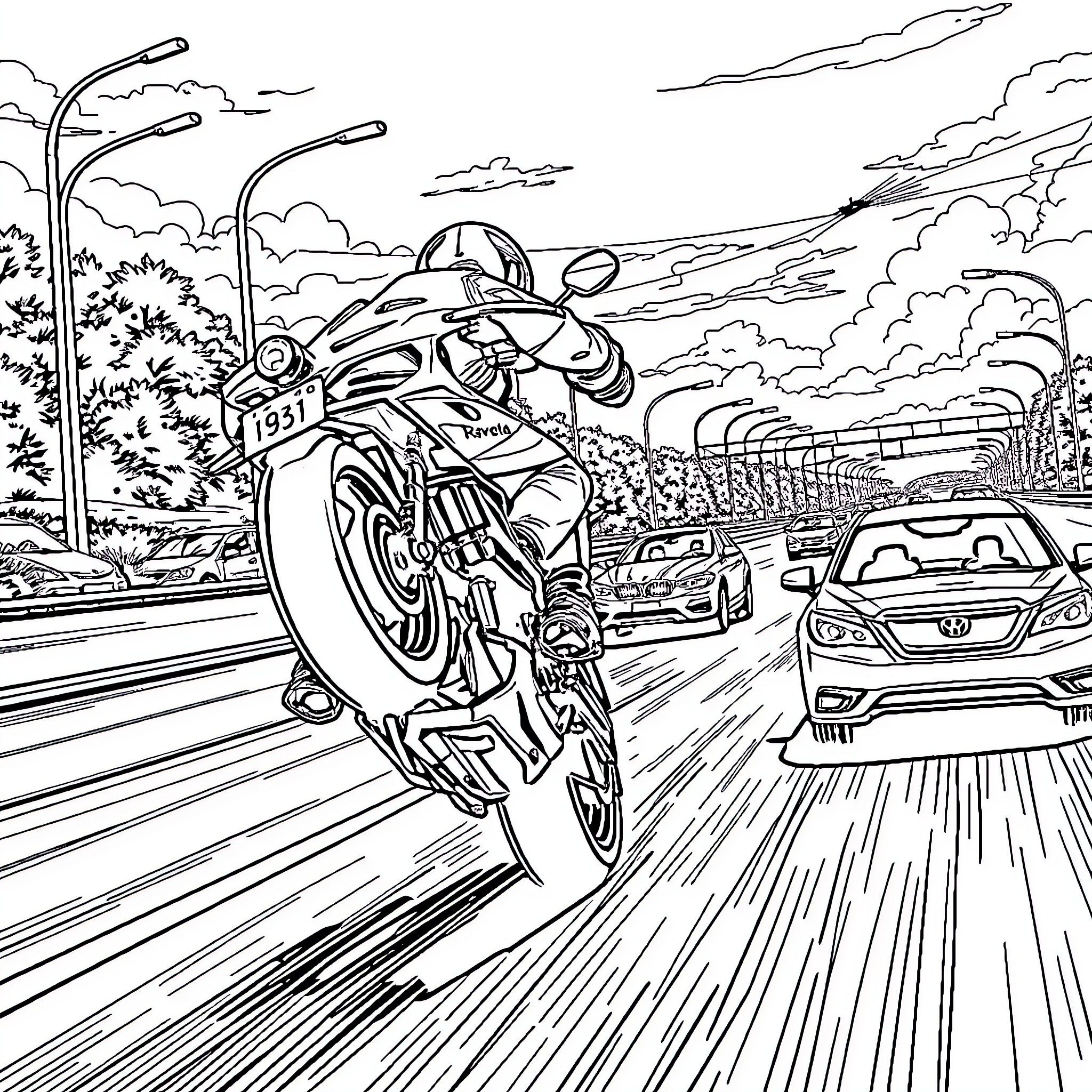 Motorbike speeding down the highway Coloring Page (free black-and-white line drawing printable PDF for all, from beginners to advanced learners, including children, teens, adults, and seniors)