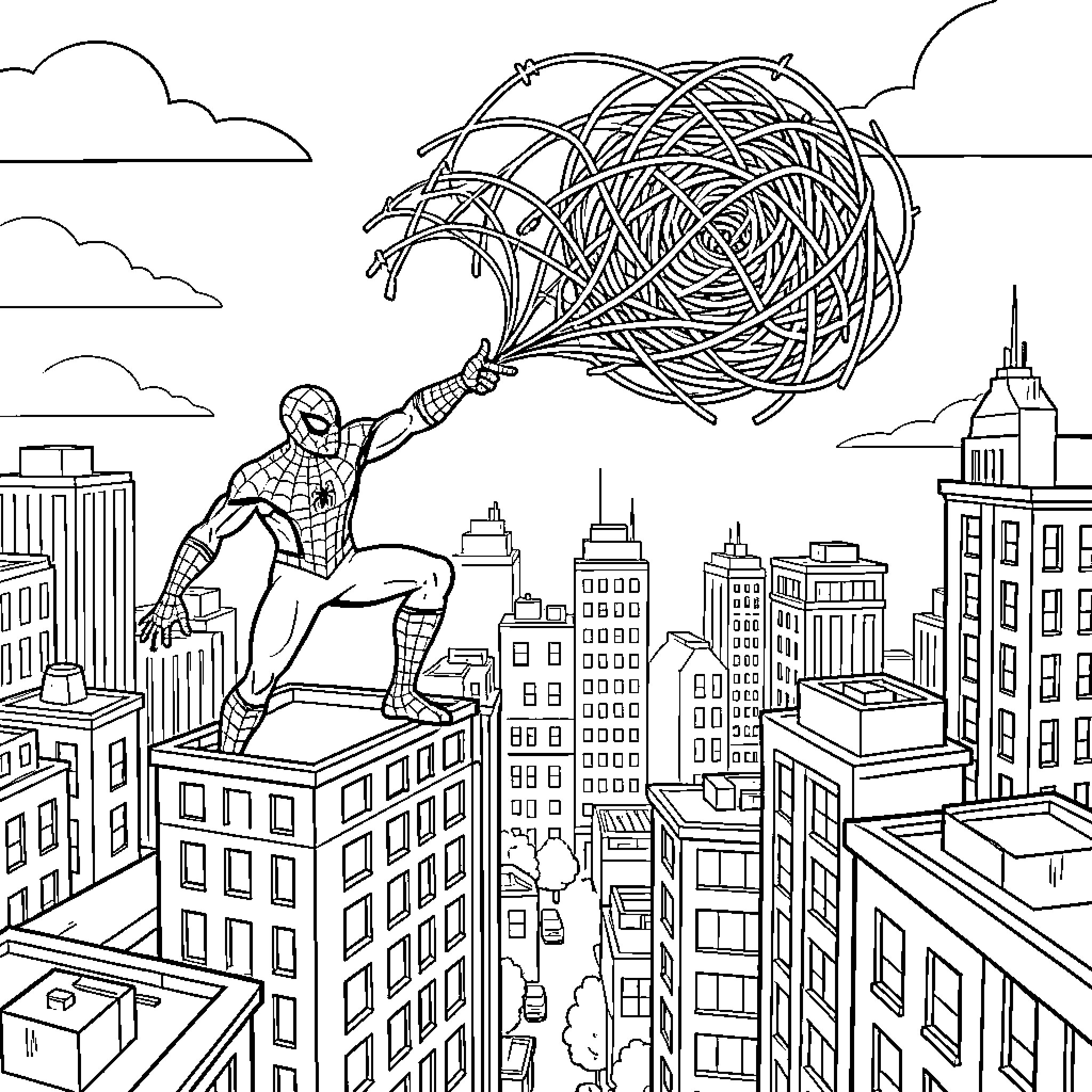Spiderman shooting webs while perched on a skyscraper Coloring Page (free black-and-white line drawing printable PDF for all, from beginners to advanced learners, including children, teens, adults, and seniors)