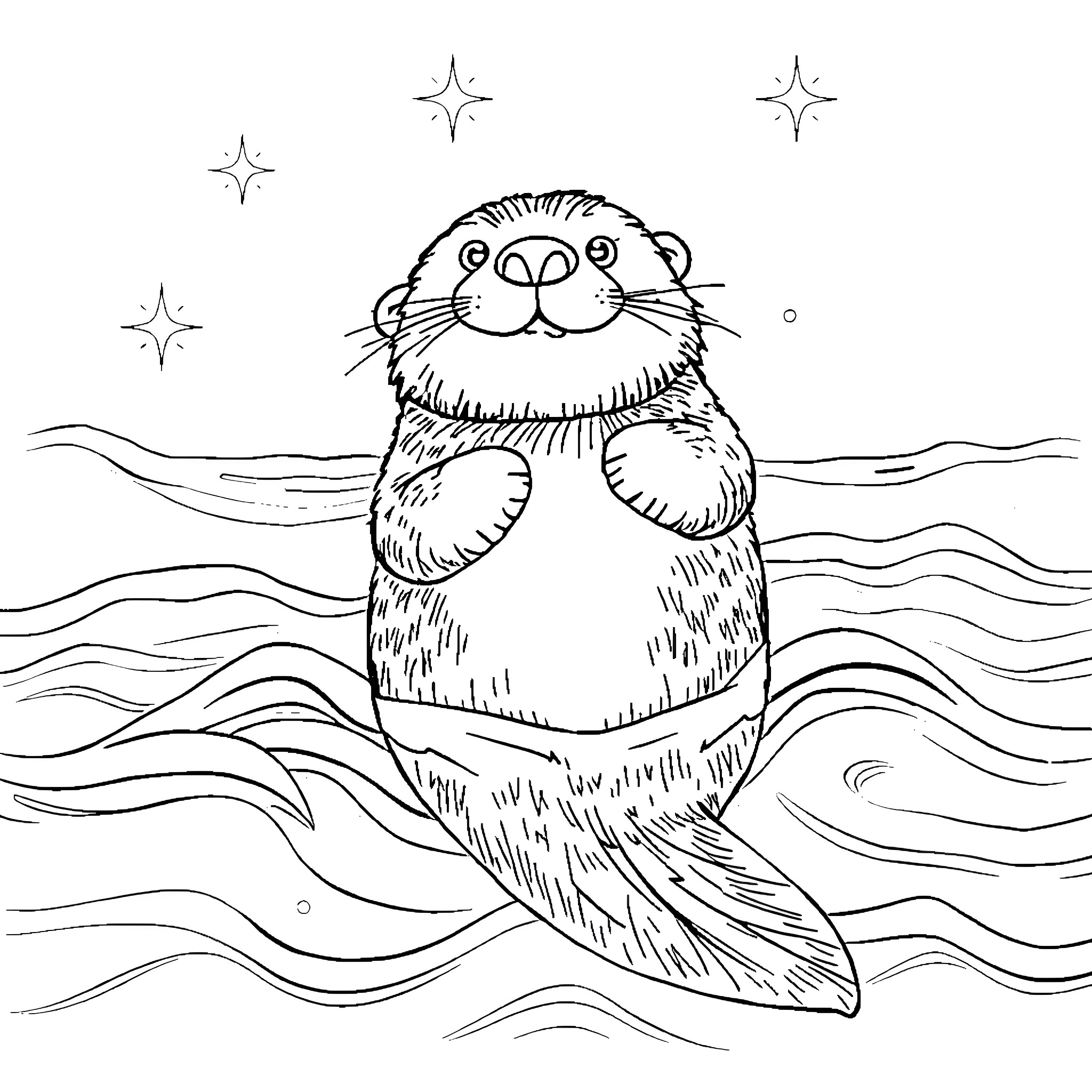 Sea Otter Floating Amidst Waves and Stars Coloring Page (free black-and-white line drawing printable PDF for all, from beginners to advanced learners, including children, teens, adults, and seniors)