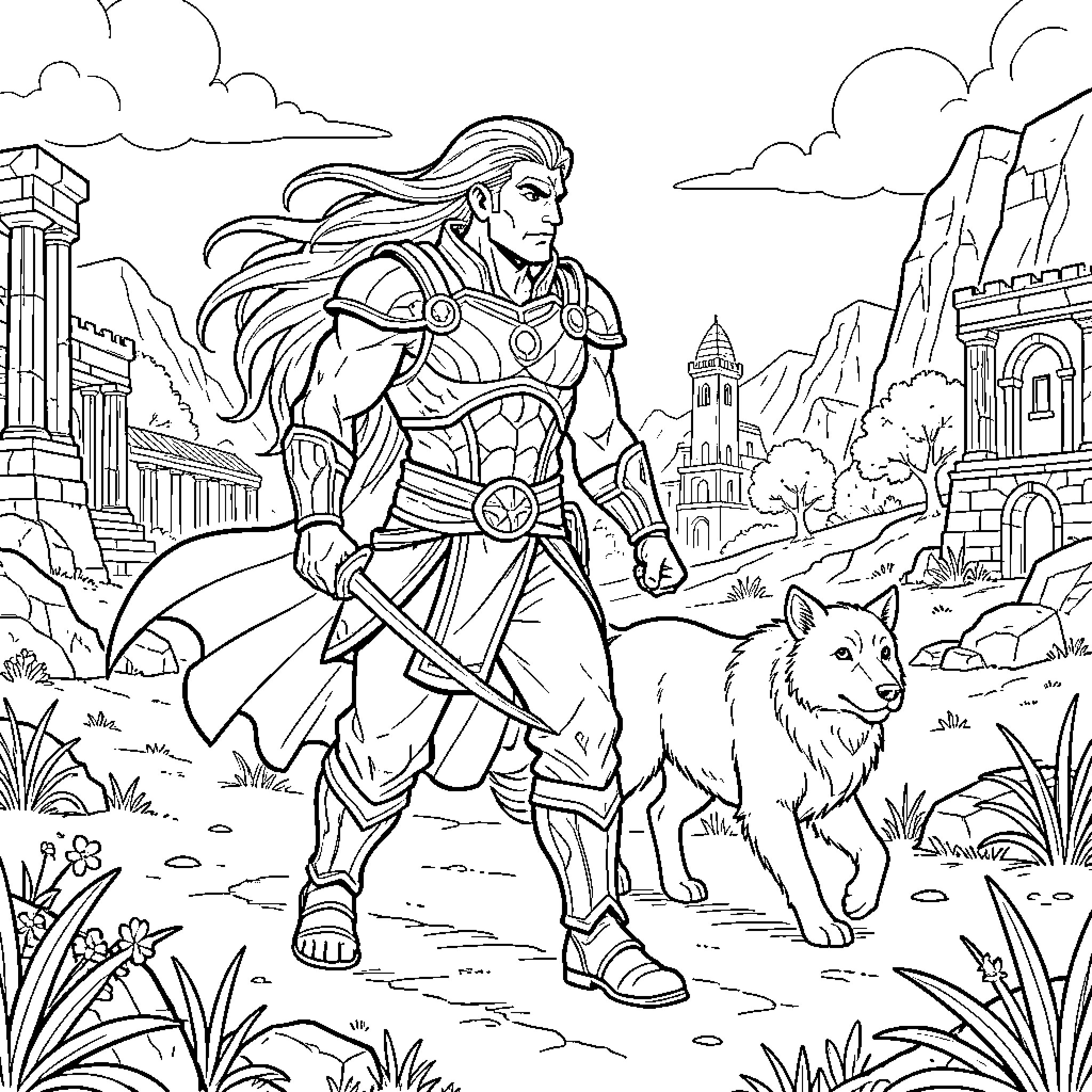 Rahan walking with a wolf through ancient ruins Coloring Page (free black-and-white line drawing printable PDF for all, from beginners to advanced learners, including children, teens, adults, and seniors)