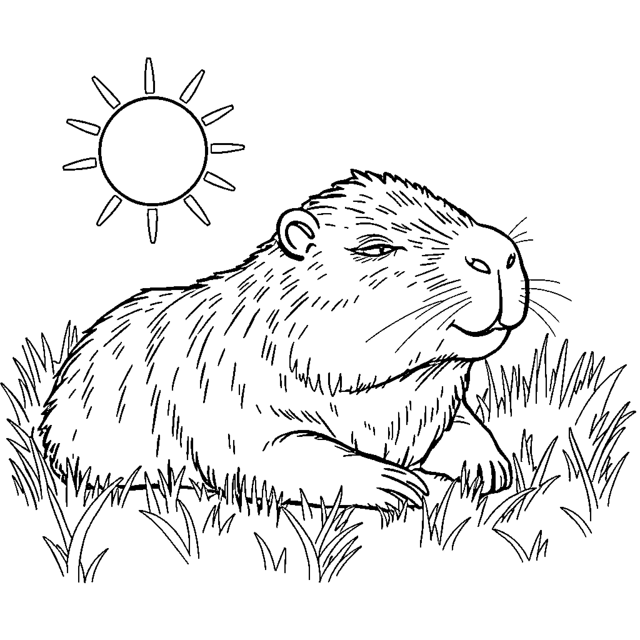 Capybara basking in the sun on a grassy field Coloring Page (free black-and-white line drawing printable PDF for all, from beginners to advanced learners, including children, teens, adults, and seniors)