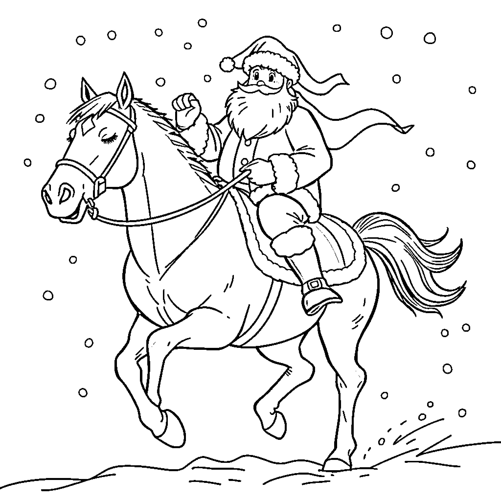 Santa riding a horse in the snowy winter Coloring Page (free black-and-white line drawing printable PDF for all, from beginners to advanced learners, including children, teens, adults, and seniors)