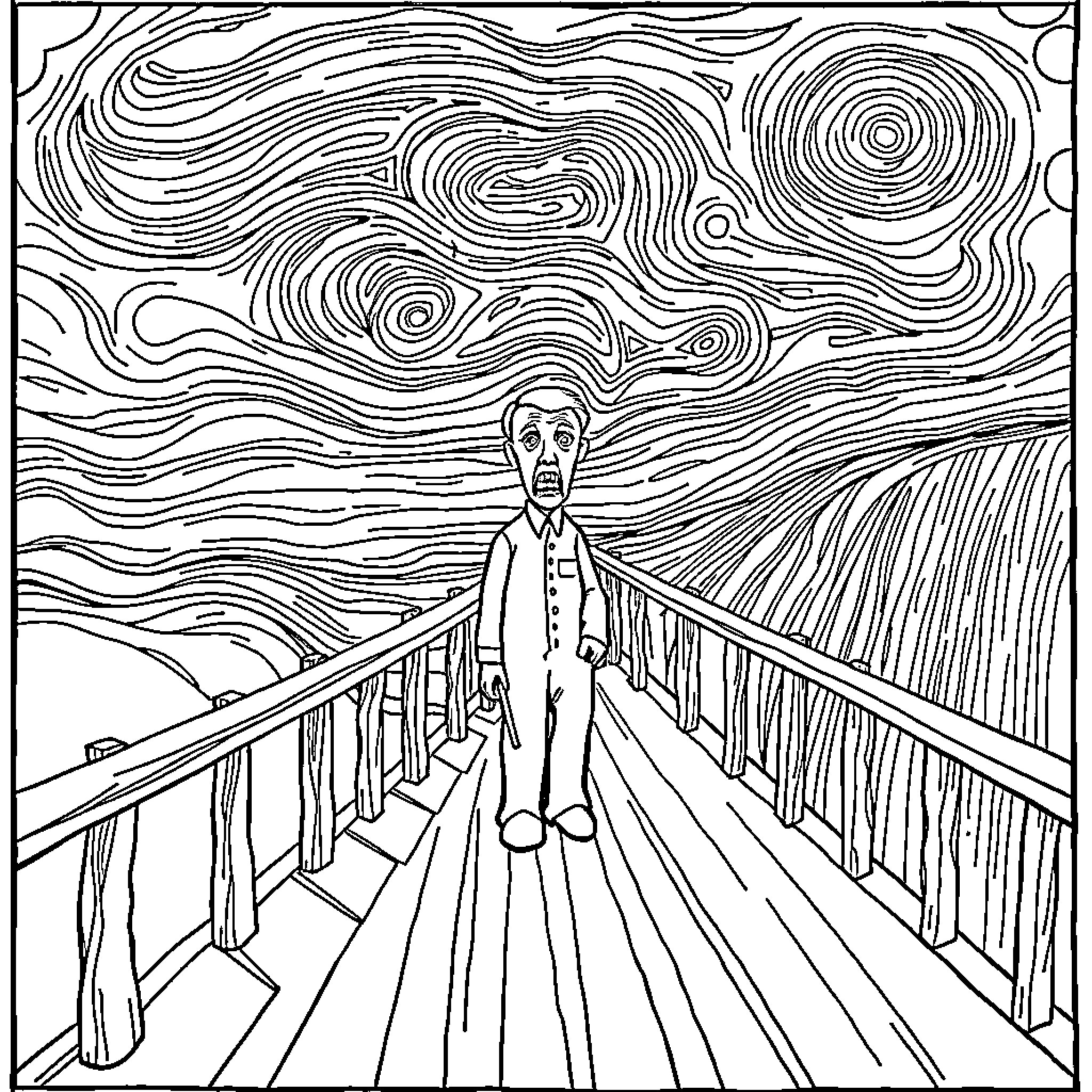 The Scream of a Solitary Figure on a Bridge Coloring Page (free black-and-white line drawing printable PDF for all, from beginners to advanced learners, including children, teens, adults, and seniors)