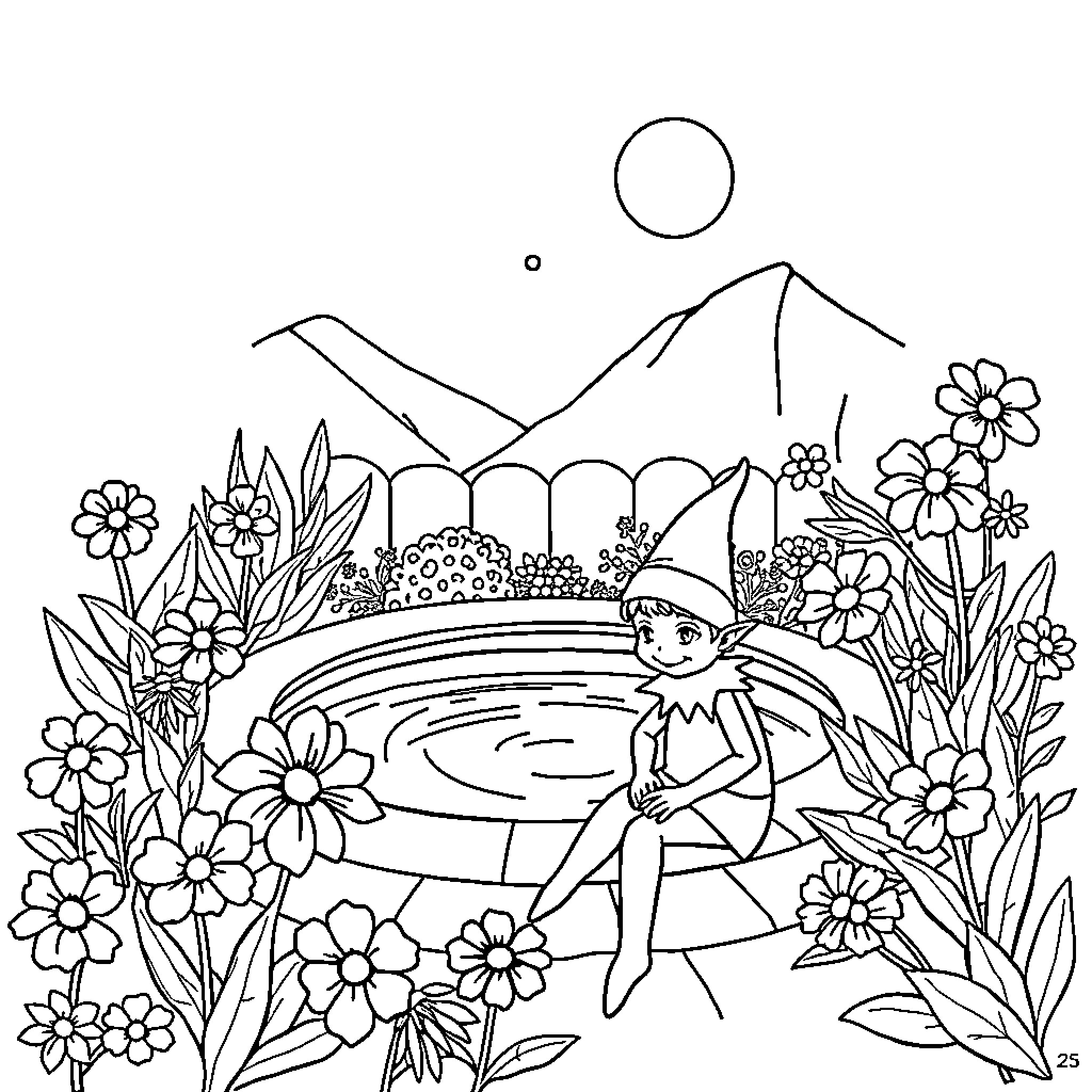Elf relaxing in a garden of flowers Coloring Page (free black-and-white line drawing printable PDF for all, from beginners to advanced learners, including children, teens, adults, and seniors)