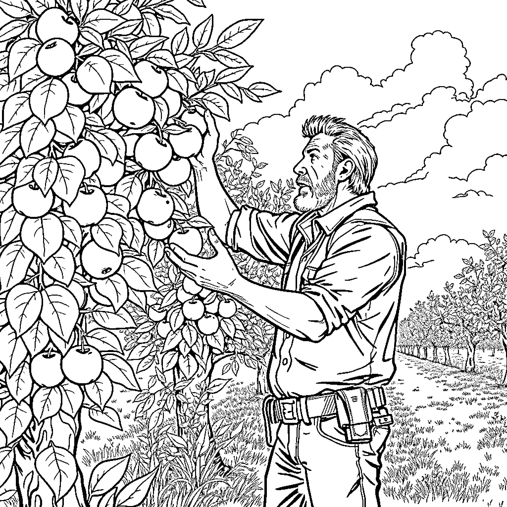 Rick harvesting ripe fruits from the orchard Coloring Page (free black-and-white line drawing printable PDF for all, from beginners to advanced learners, including children, teens, adults, and seniors)
