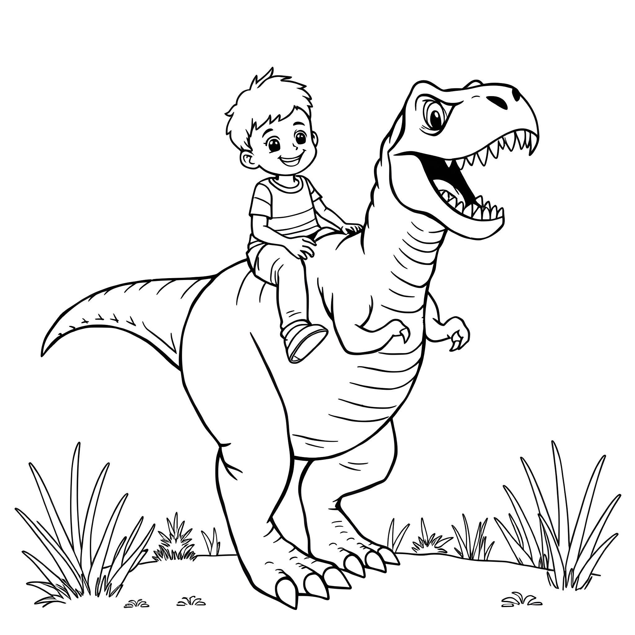 Boy playing with a friendly dinosaur Coloring Page (free black-and-white line drawing printable PDF for all, from beginners to advanced learners, including children, teens, adults, and seniors)