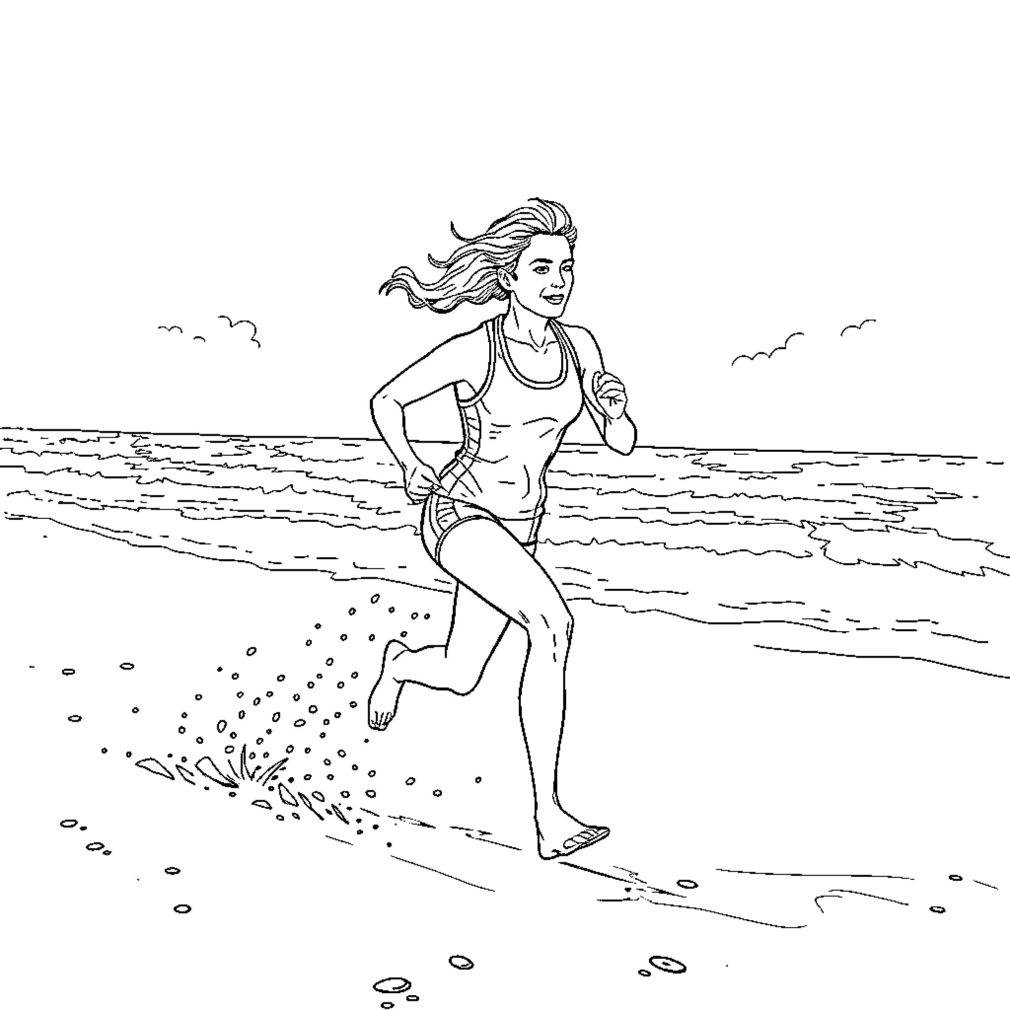 Chase the wind along the beach Coloring Page (free black-and-white line drawing printable PDF for all, from beginners to advanced learners, including children, teens, adults, and seniors)