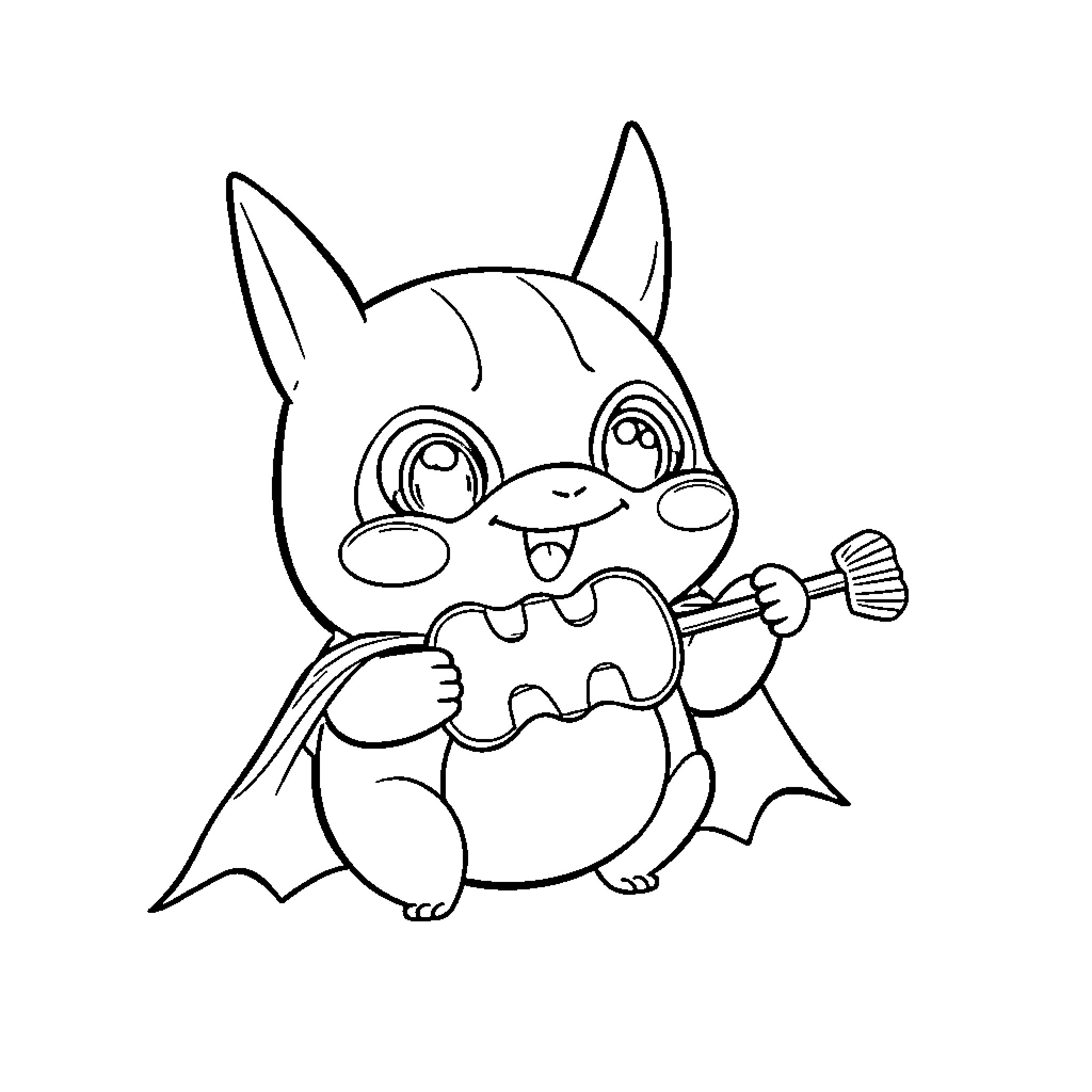 Labubu happily playing with a toy Coloring Page (free black-and-white line drawing printable PDF for all, from beginners to advanced learners, including children, teens, adults, and seniors)