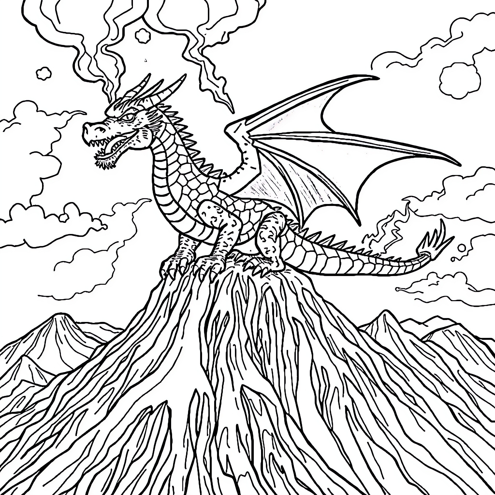 Dragon emerging from erupting volcano in the sky Coloring Page (free black-and-white line drawing printable PDF for all, from beginners to advanced learners, including children, teens, adults, and seniors)