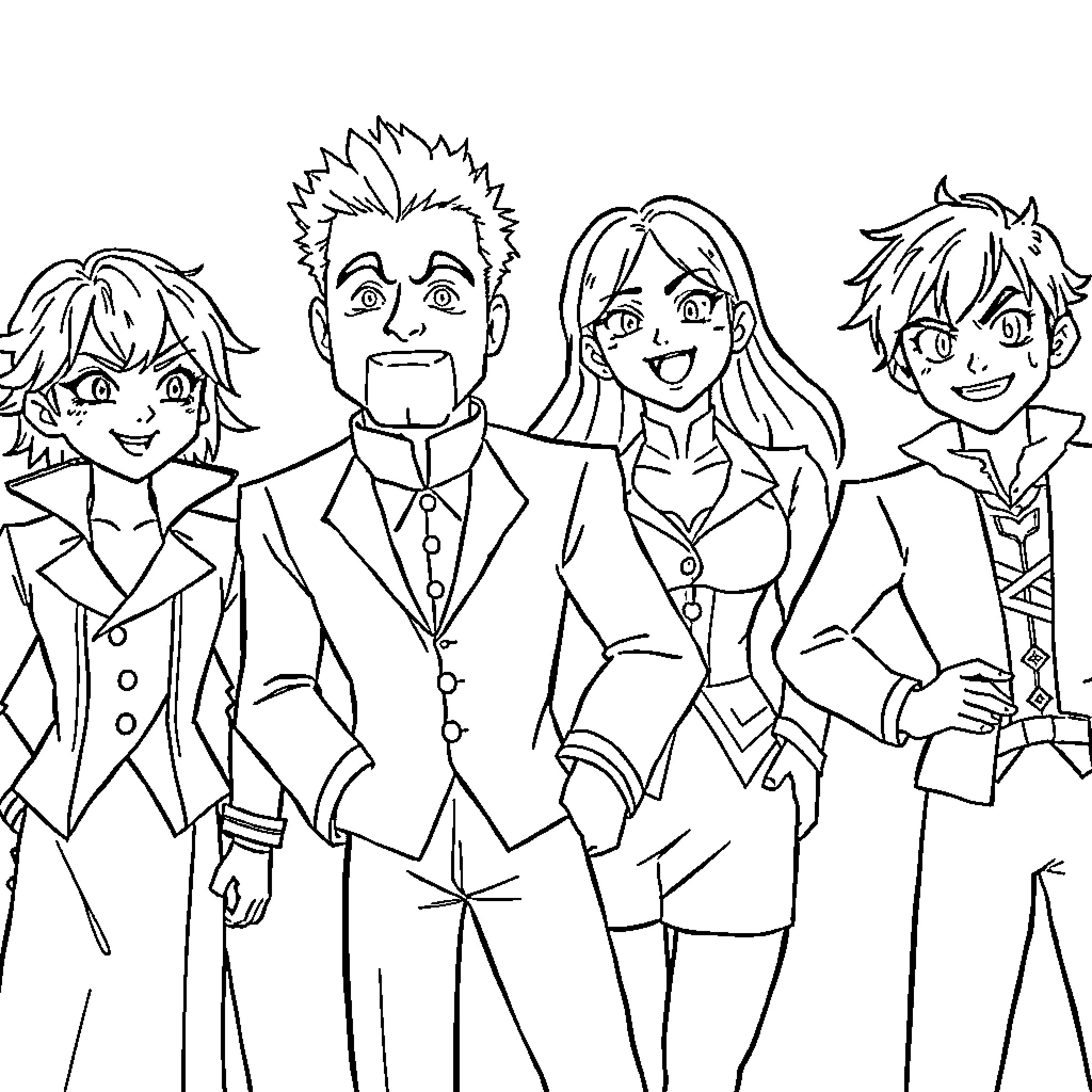 Silksong Characters Posing in Formal Attire Coloring Page (free black-and-white line drawing printable PDF for all, from beginners to advanced learners, including children, teens, adults, and seniors)