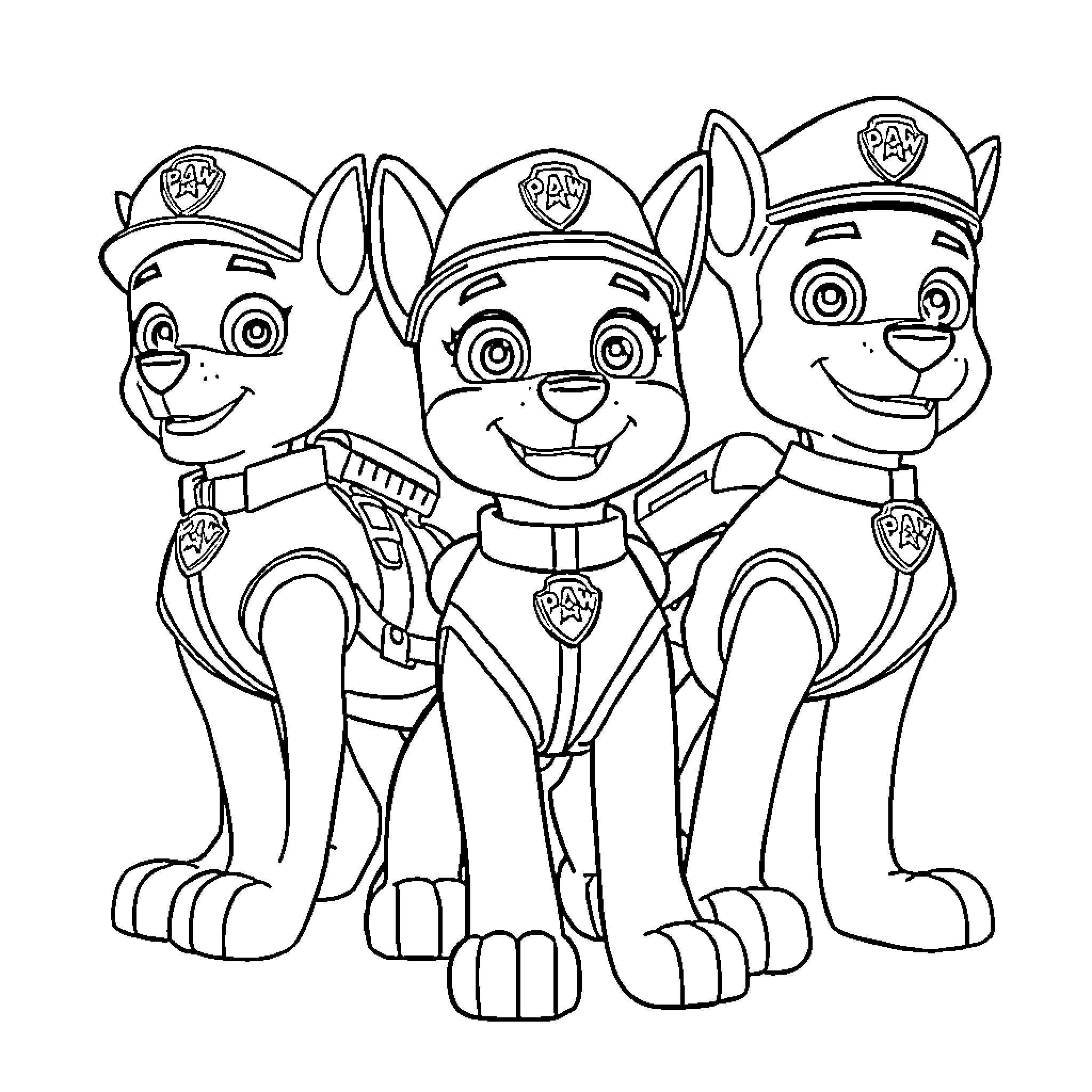 Paw Patrol Heroes in Action Coloring Page (free black-and-white line drawing printable PDF for all, from beginners to advanced learners, including children, teens, adults, and seniors)