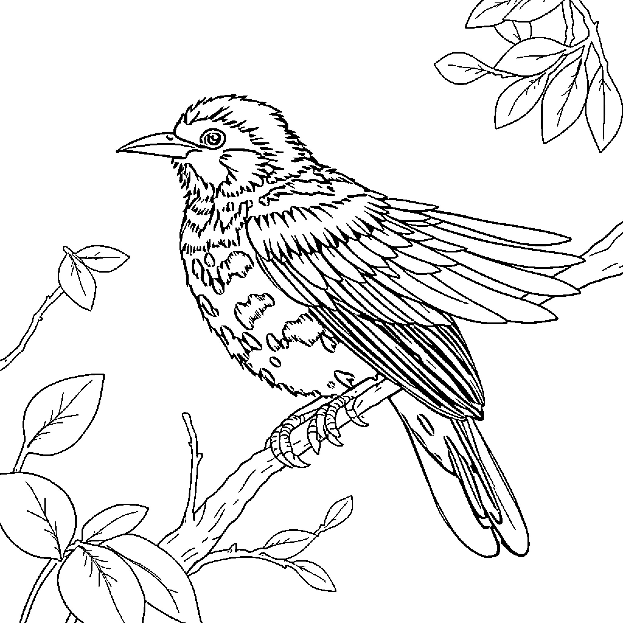 Crow perched on branch with leaves Coloring Page (free black-and-white line drawing printable PDF for all, from beginners to advanced learners, including children, teens, adults, and seniors)