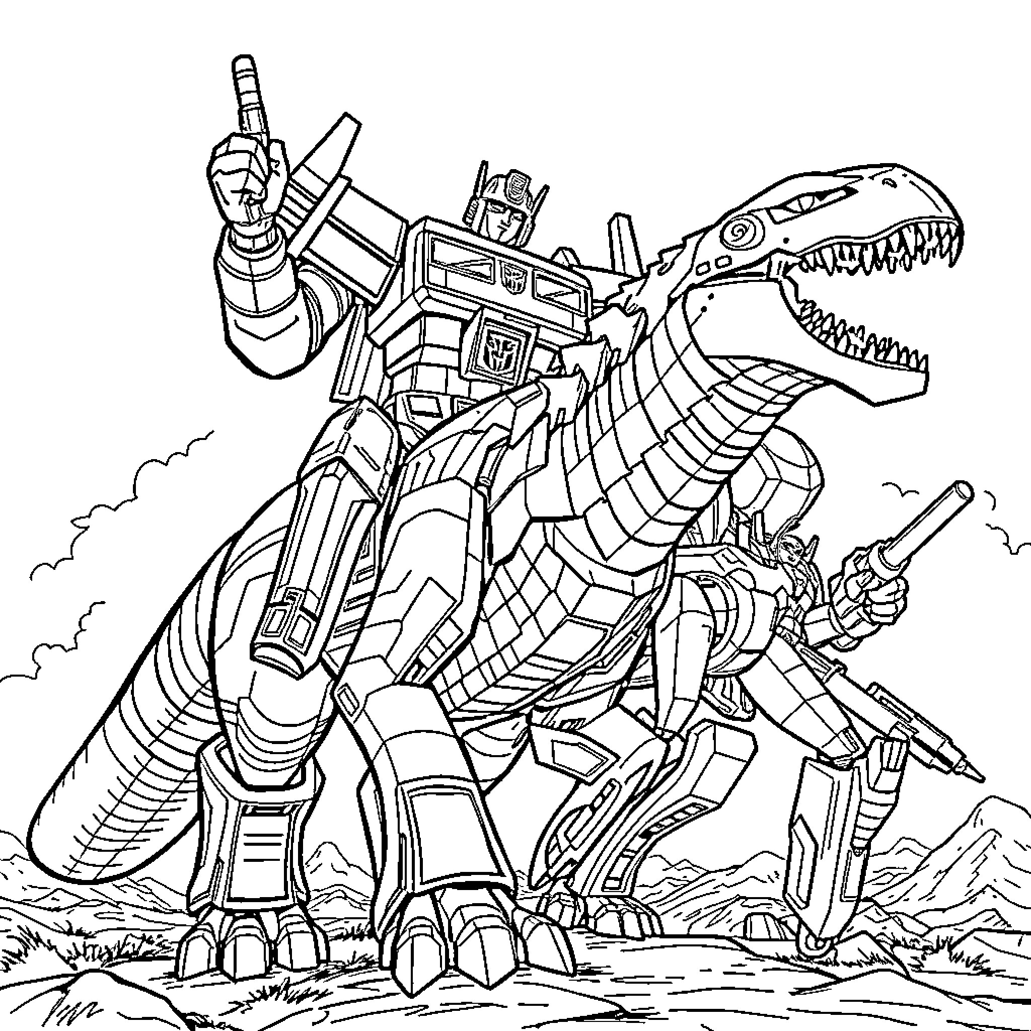 Optimus Prime battling a monstrous Dinobot Coloring Page (free black-and-white line drawing printable PDF for all, from beginners to advanced learners, including children, teens, adults, and seniors)
