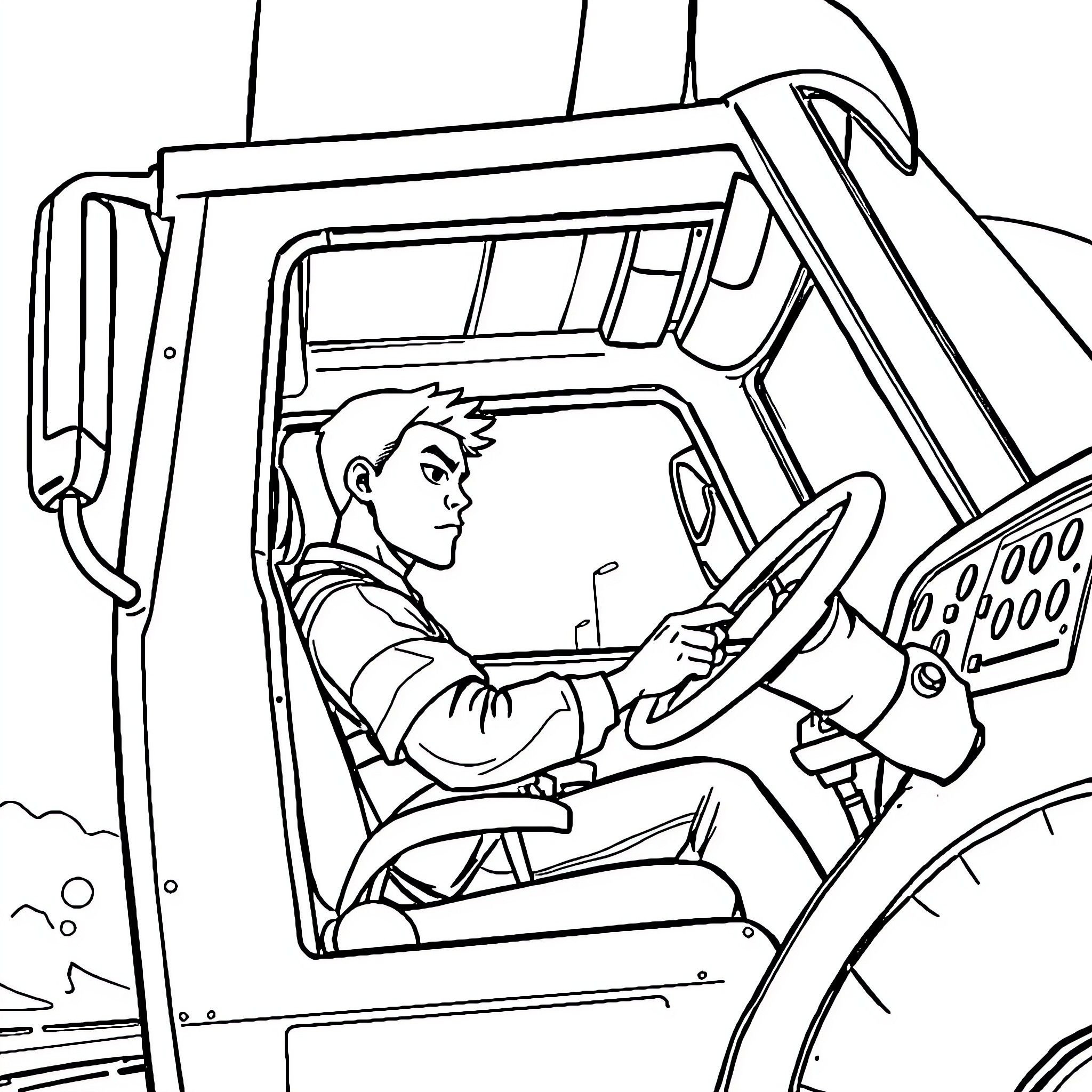 Miles Morales driving a truck with determination Coloring Page (free black-and-white line drawing printable PDF for all, from beginners to advanced learners, including children, teens, adults, and seniors)