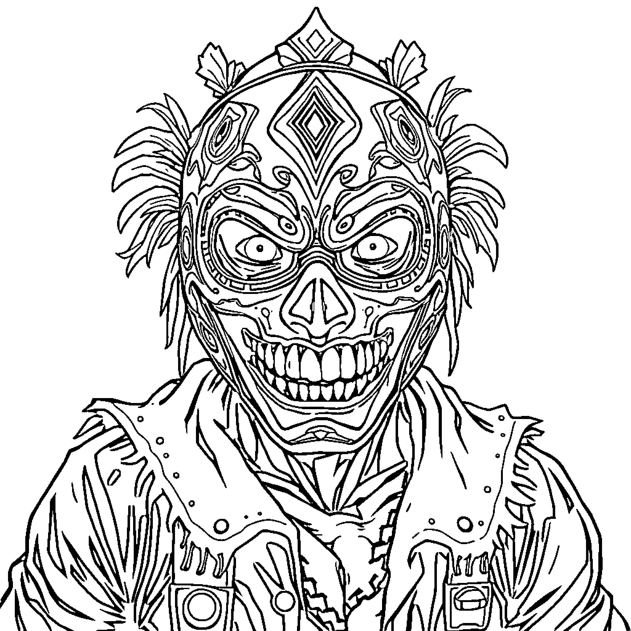Luchador in Ferocious Tribal Mask Coloring Page (free black-and-white line drawing printable PDF for all, from beginners to advanced learners, including children, teens, adults, and seniors)