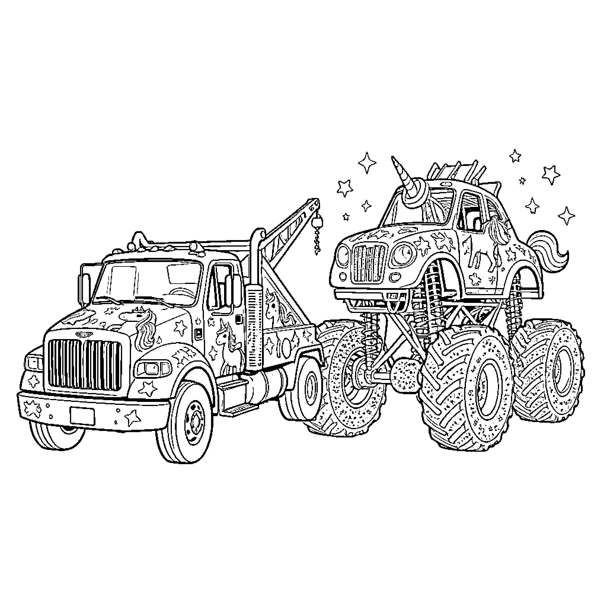 Tow Truck Transporting Unique Monster Vehicle Coloring Page (free black-and-white line drawing printable PDF for all, from beginners to advanced learners, including children, teens, adults, and seniors)