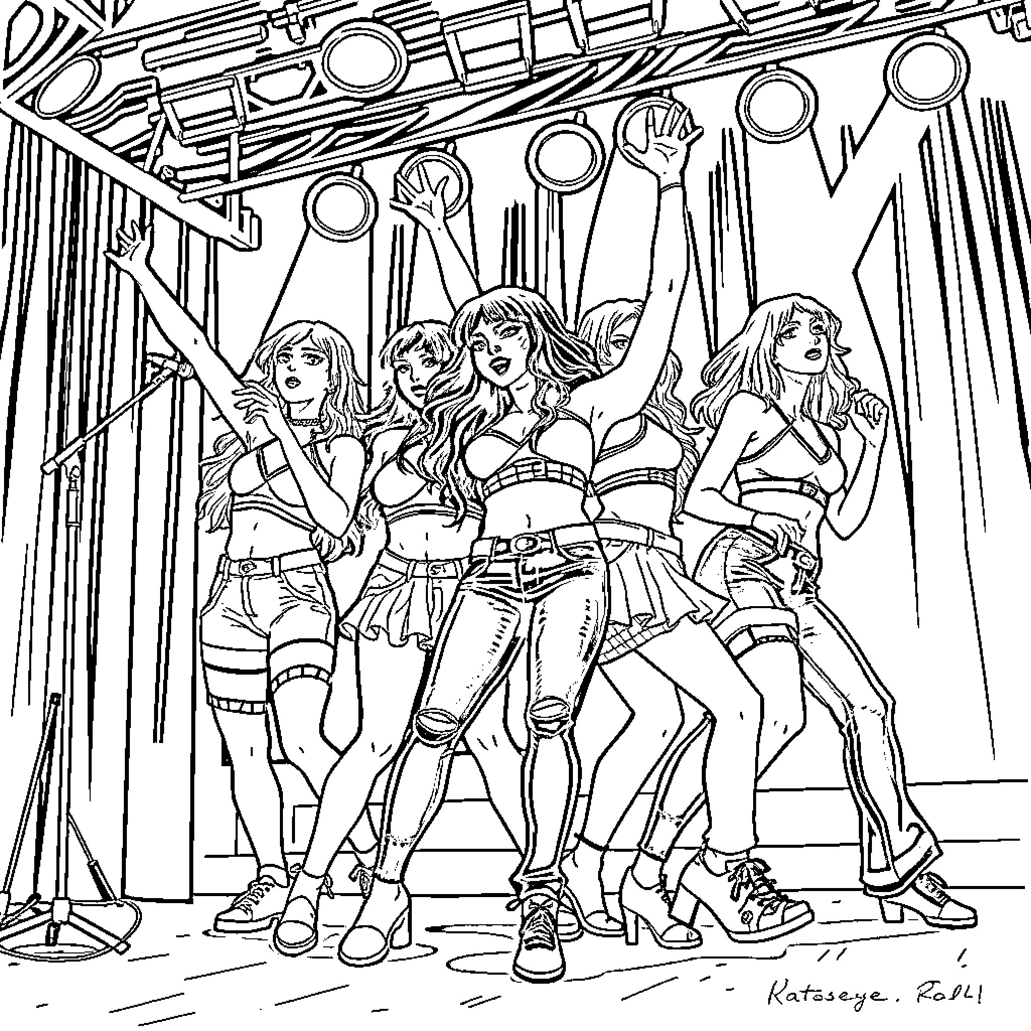 Girl Group Performing on Stage with Energy Coloring Page (free black-and-white line drawing printable PDF for all, from beginners to advanced learners, including children, teens, adults, and seniors)