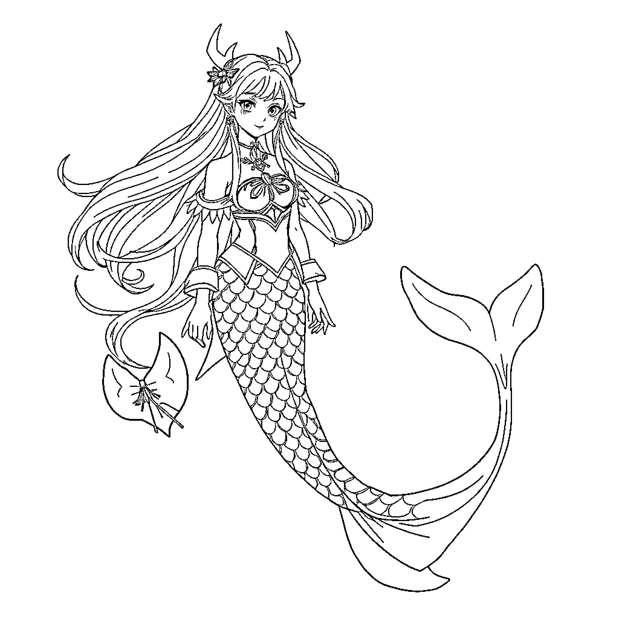 Rumi, the Enchanting Mermaid Maiden Coloring Page (free black-and-white line drawing printable PDF for all, from beginners to advanced learners, including children, teens, adults, and seniors)