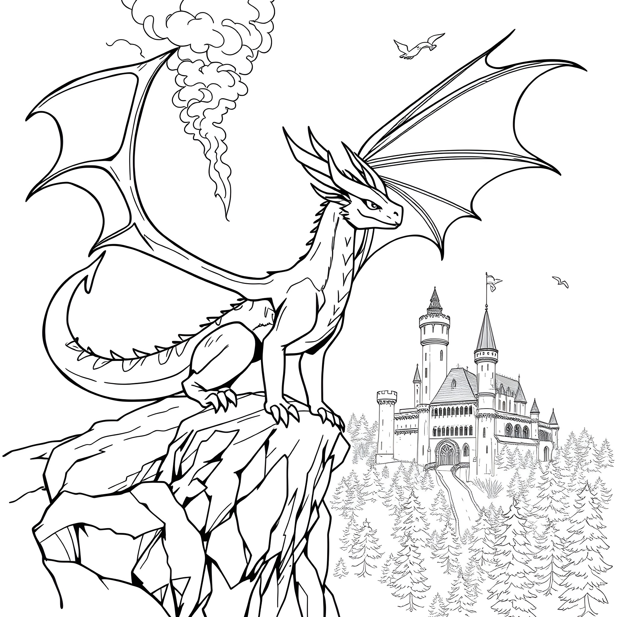 Umbreon dragon soaring over fantasy castle Coloring Page (free black-and-white line drawing printable PDF for all, from beginners to advanced learners, including children, teens, adults, and seniors)