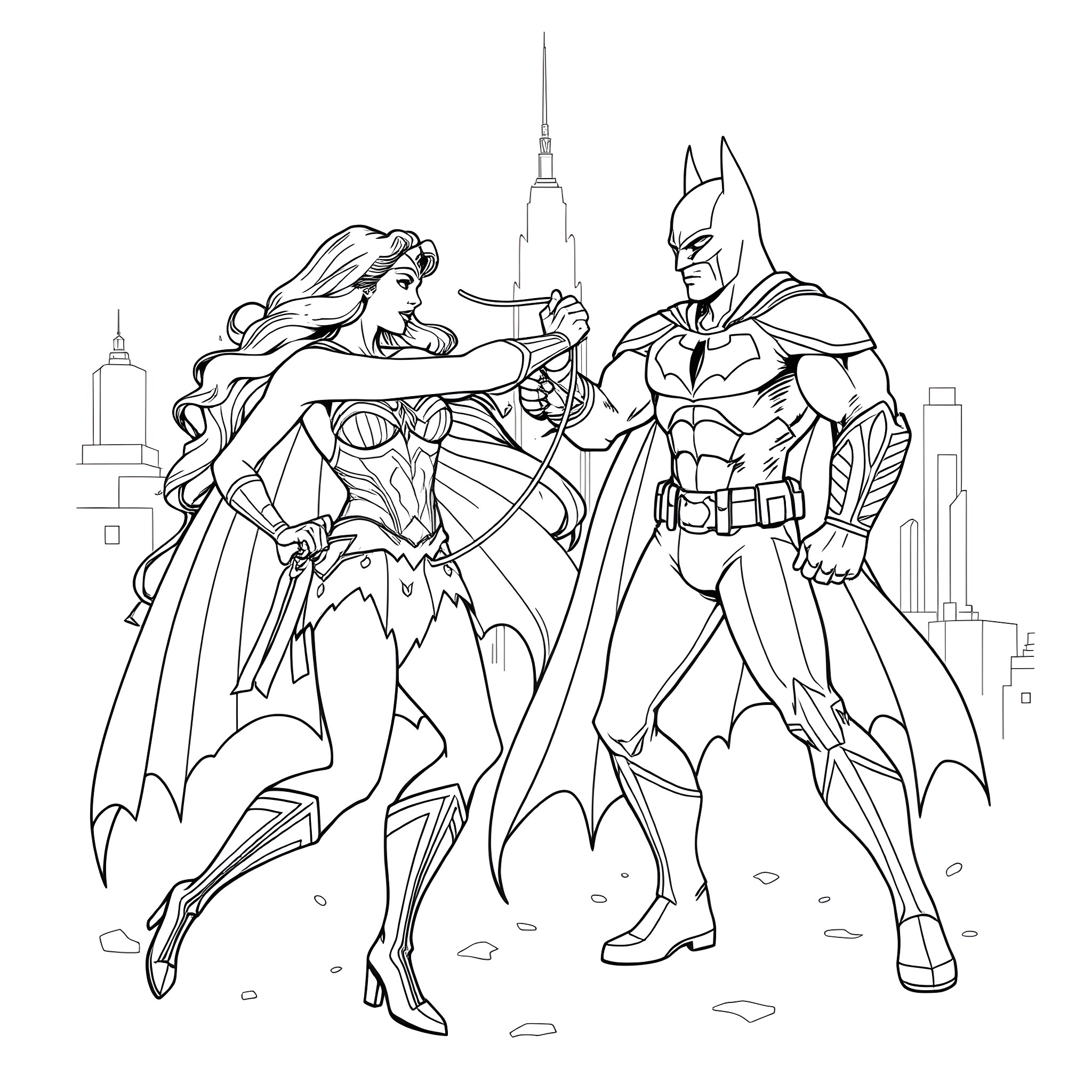 Wonder Woman and Batman in Heroic Pose Coloring Page (free black-and-white line drawing printable PDF for all, from beginners to advanced learners, including children, teens, adults, and seniors)