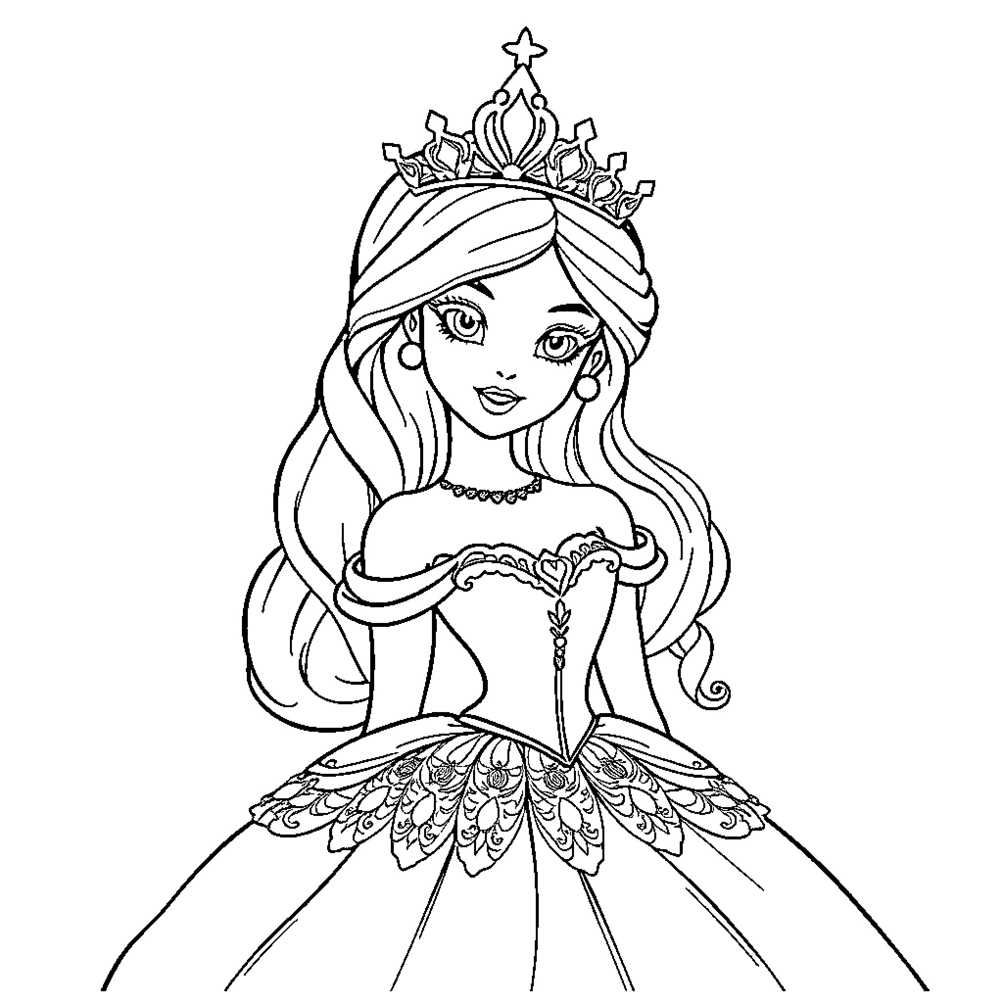 Princess in Elegant Gown and Crown Coloring Page (free black-and-white line drawing printable PDF for all, from beginners to advanced learners, including children, teens, adults, and seniors)