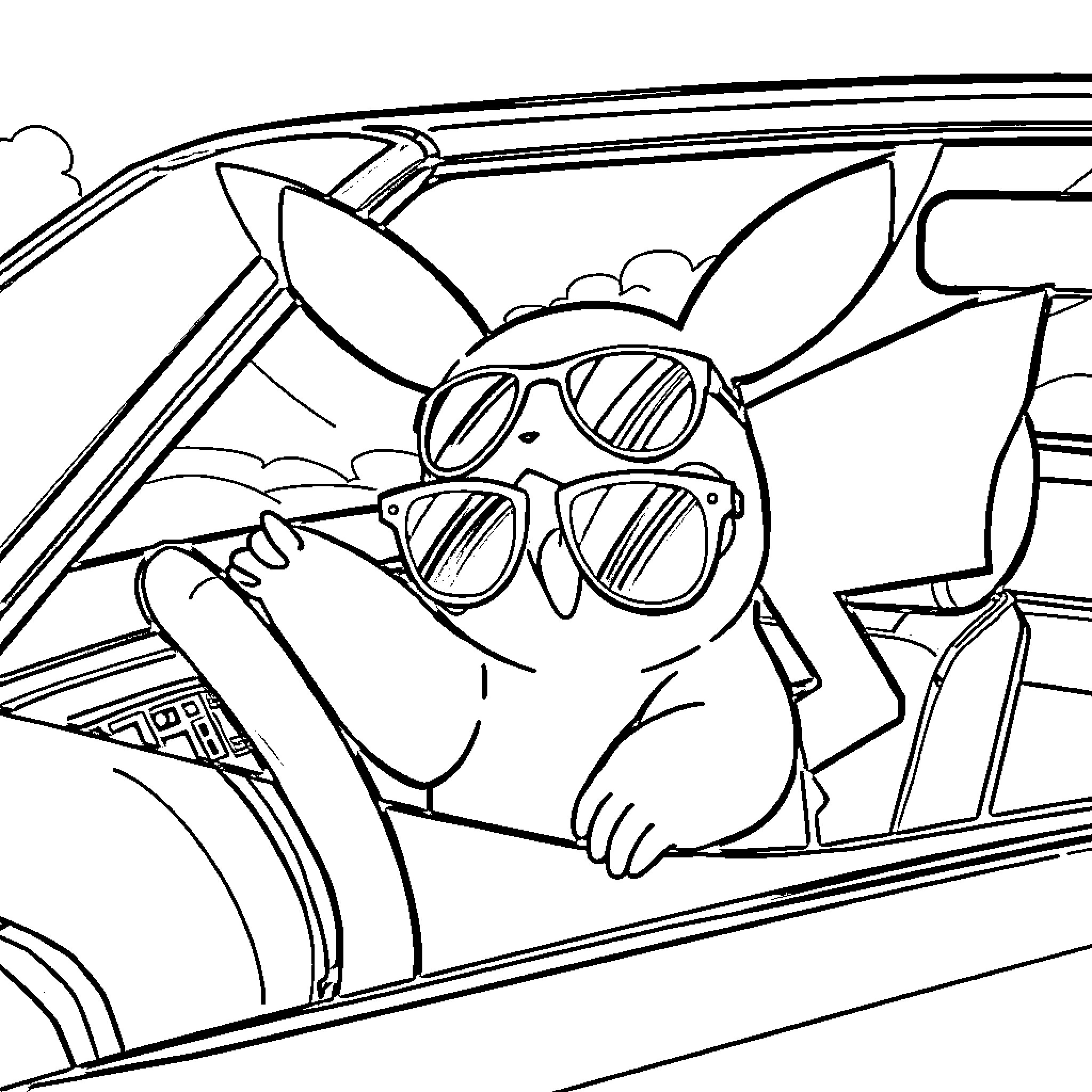 Pikachu driving a car with sunglasses Coloring Page (free black-and-white line drawing printable PDF for all, from beginners to advanced learners, including children, teens, adults, and seniors)
