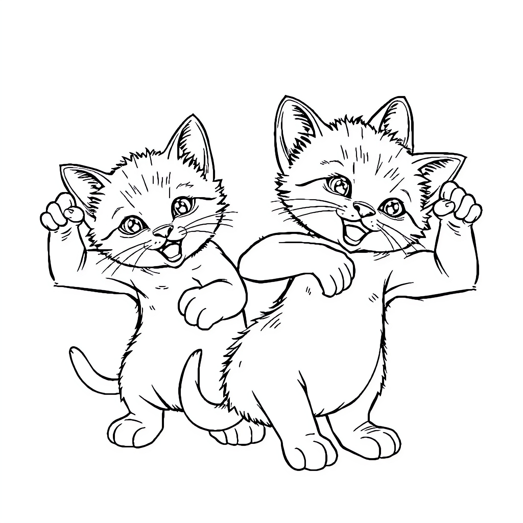 Kittens playing and showing off their muscles Coloring Page (free black-and-white line drawing printable PDF for all, from beginners to advanced learners, including children, teens, adults, and seniors)