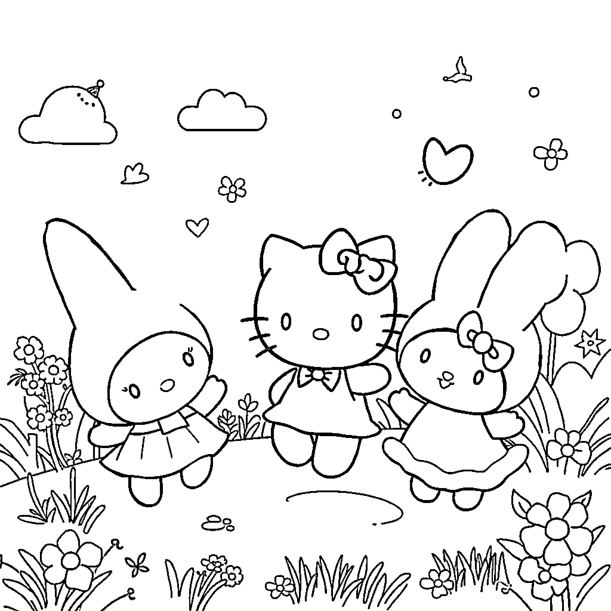 Sanrio characters enjoying a nature scene Coloring Page (free black-and-white line drawing printable PDF for all, from beginners to advanced learners, including children, teens, adults, and seniors)