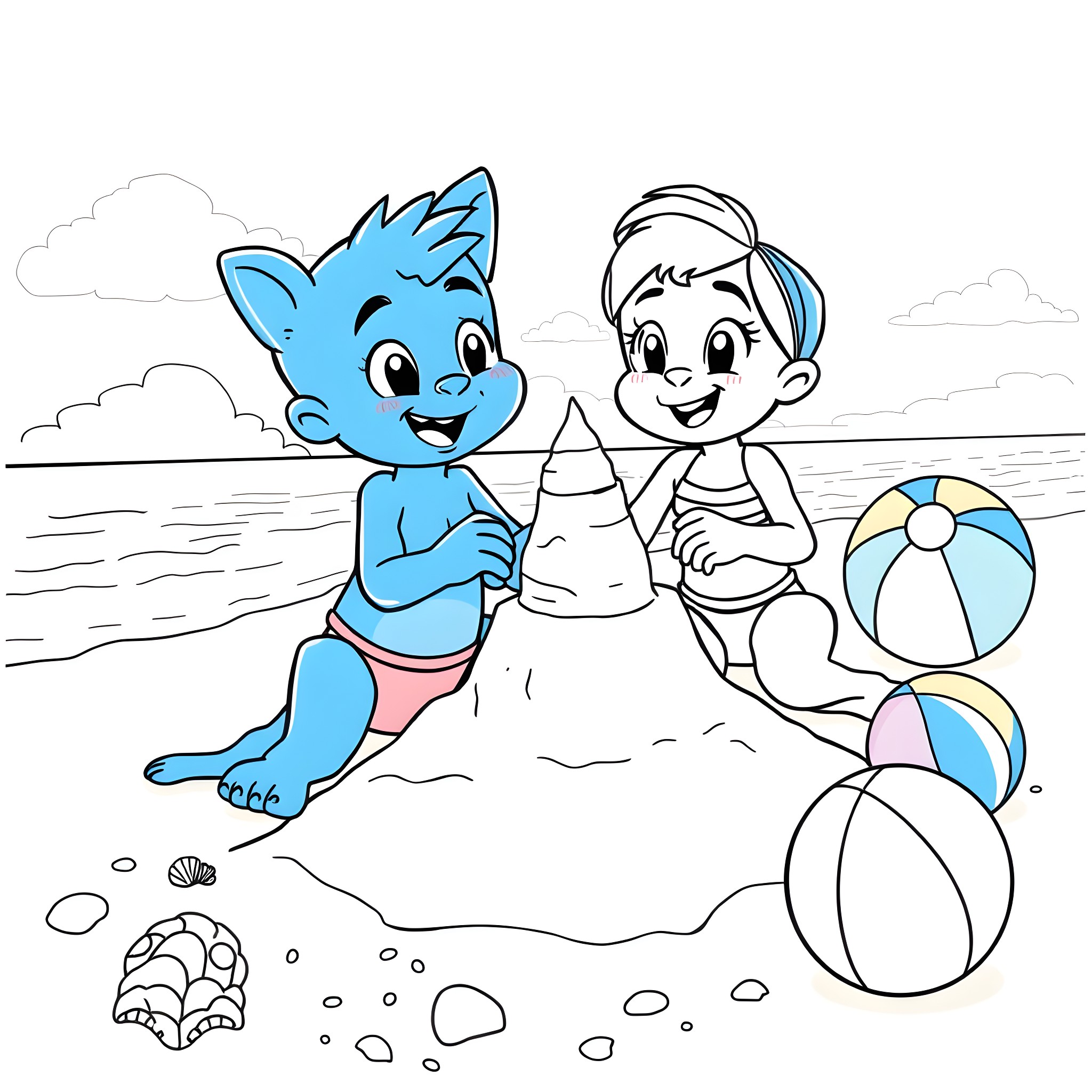 Bluey and friends playing on the beach Coloring Page (free black-and-white line drawing printable PDF for all, from beginners to advanced learners, including children, teens, adults, and seniors)