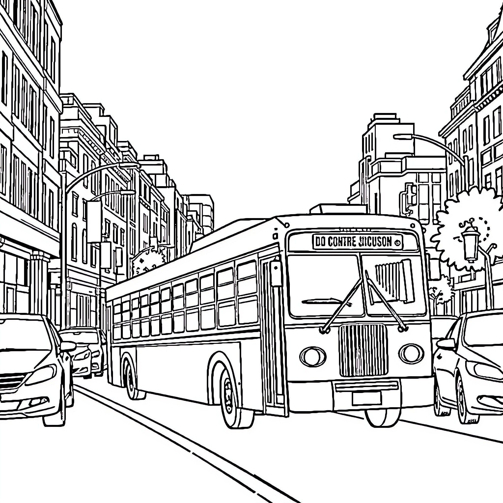 Accordion Bus on a Bustling City Street Coloring Page (free black-and-white line drawing printable PDF for all, from beginners to advanced learners, including children, teens, adults, and seniors)