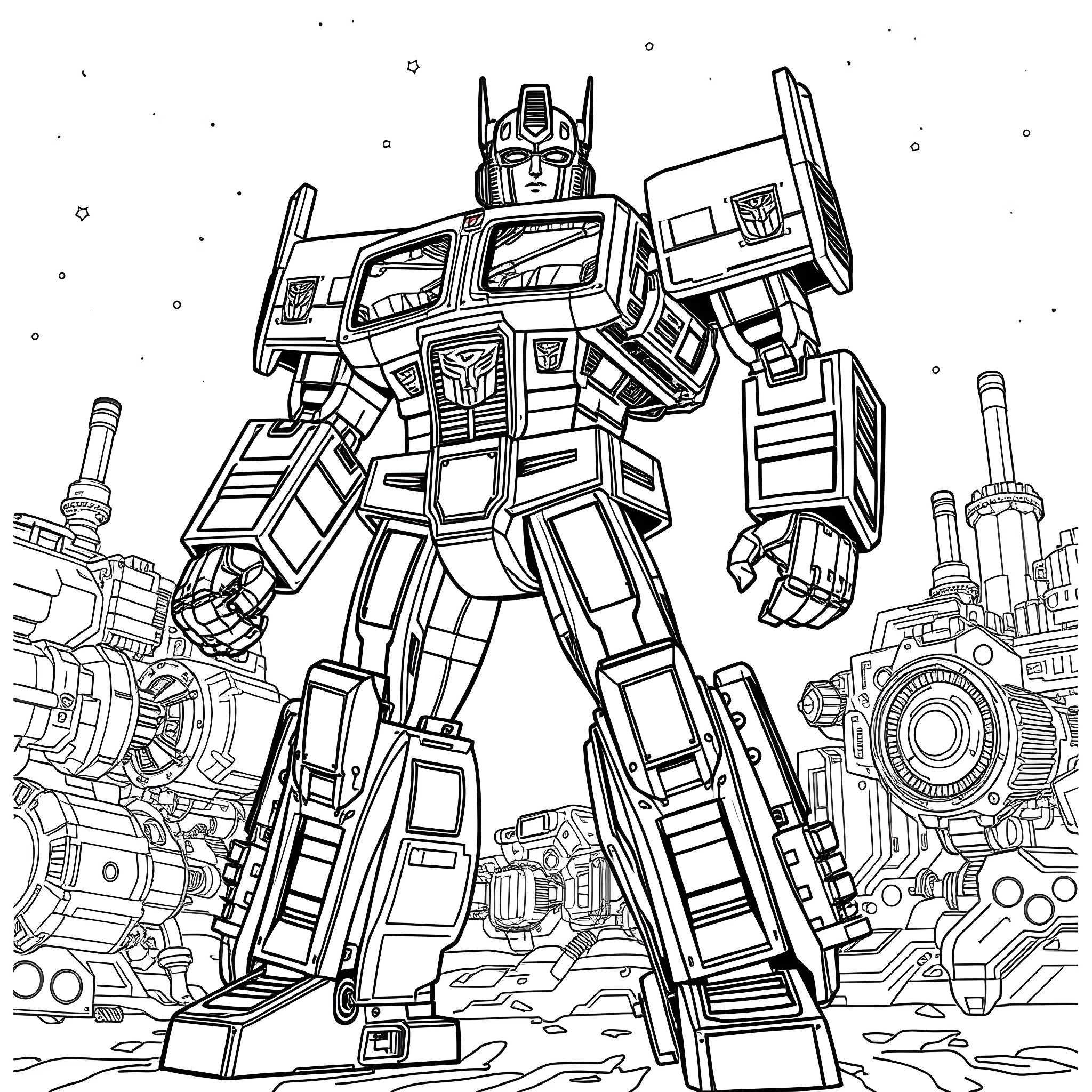 Optimus Prime leading the Autobots in an epic battle Coloring Page (free black-and-white line drawing printable PDF for all, from beginners to advanced learners, including children, teens, adults, and seniors)