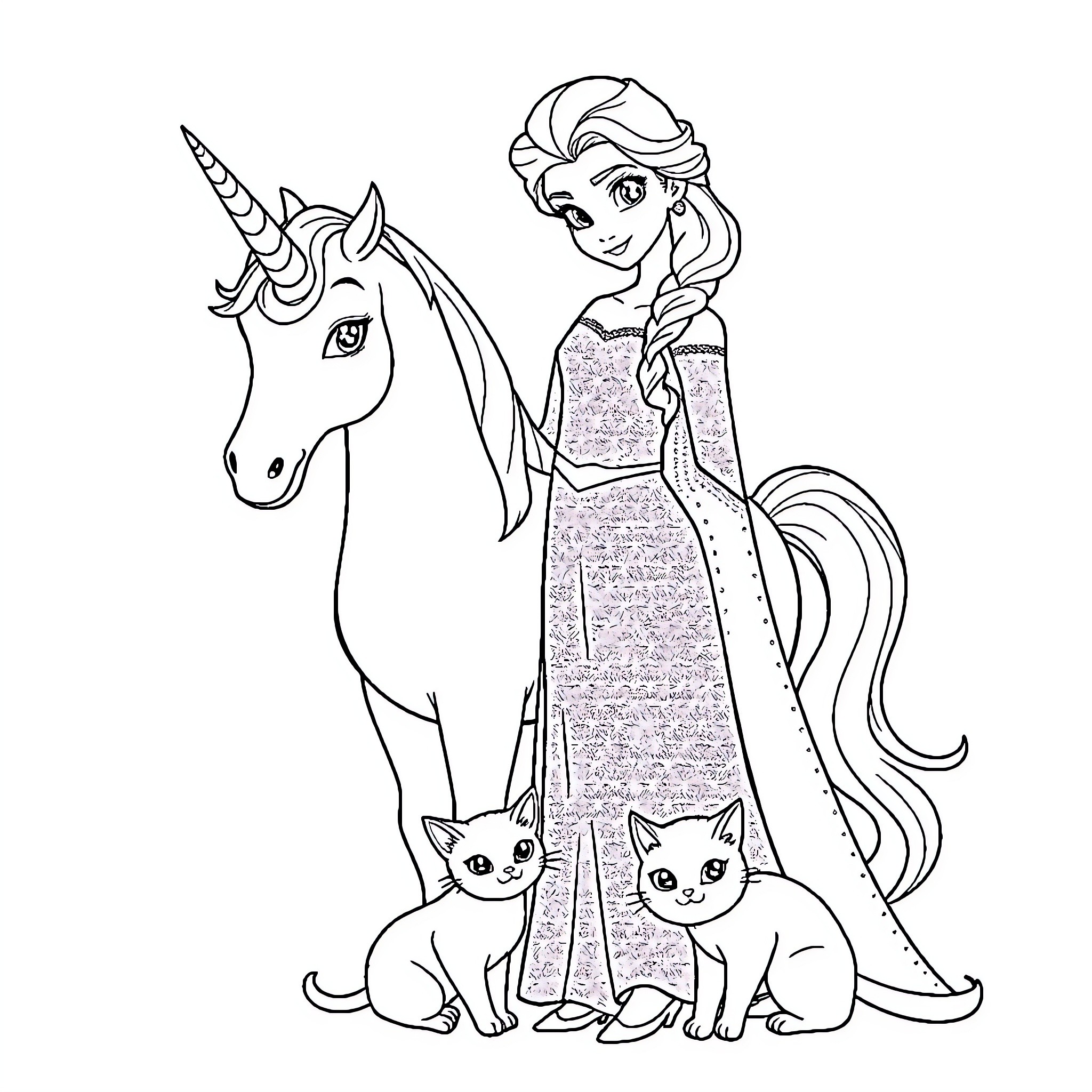Elsa and her Magical Unicorn with Playful Kittens Coloring Page (free black-and-white line drawing printable PDF for all, from beginners to advanced learners, including children, teens, adults, and seniors)