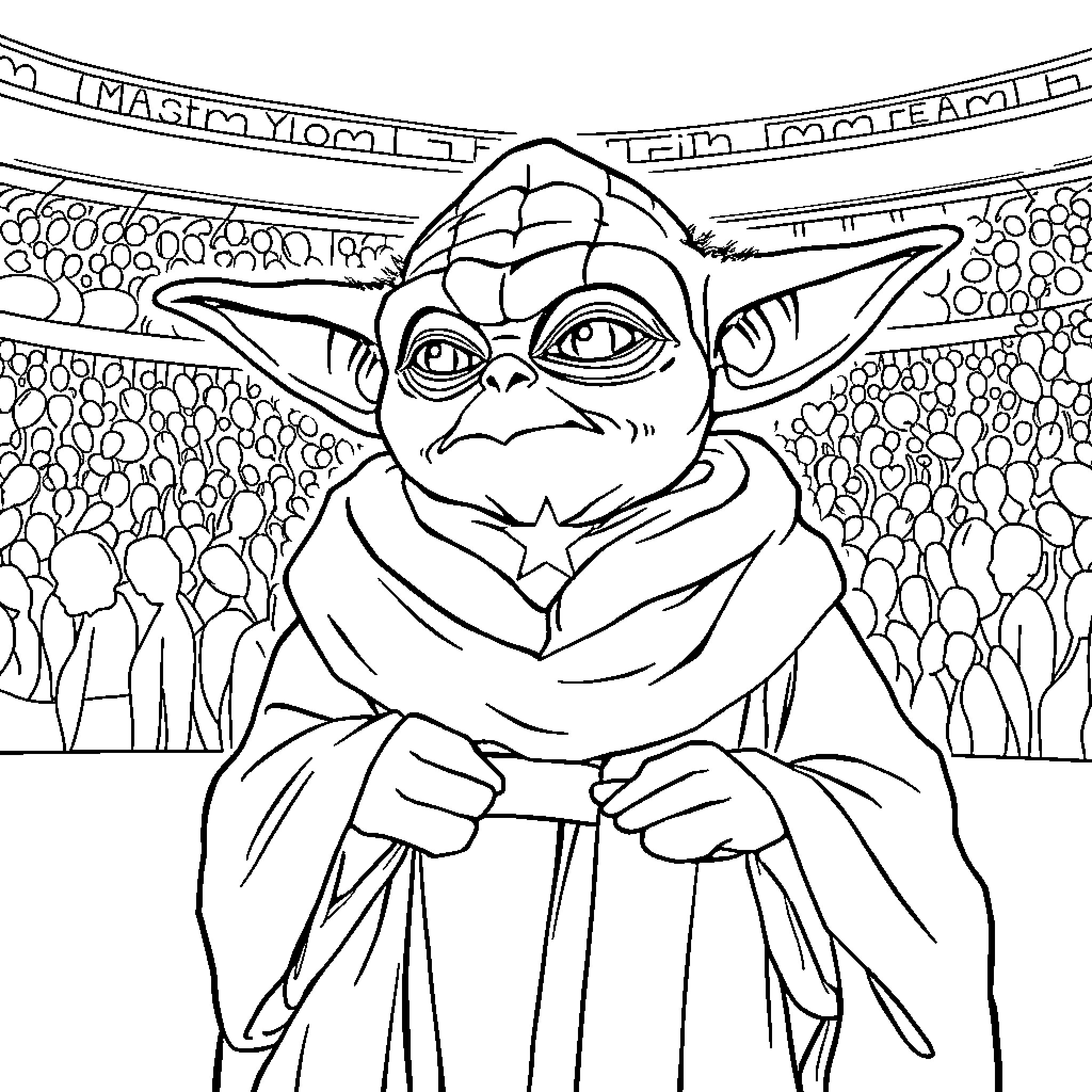 Yoda in Thoughtful Contemplation Coloring Page (free black-and-white line drawing printable PDF for all, from beginners to advanced learners, including children, teens, adults, and seniors)